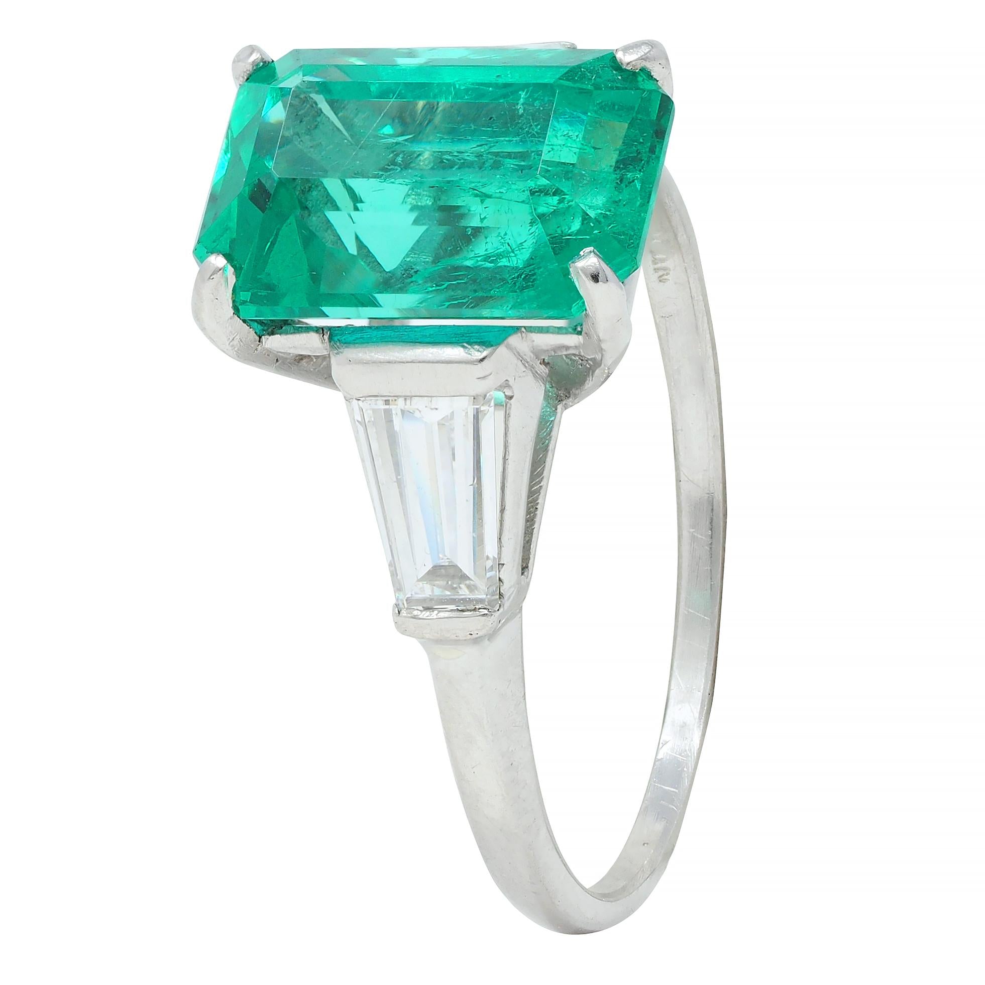 Mid-Century 3.43 CTW Colombian Emerald Diamond Platinum Three Stone Vintage Ring