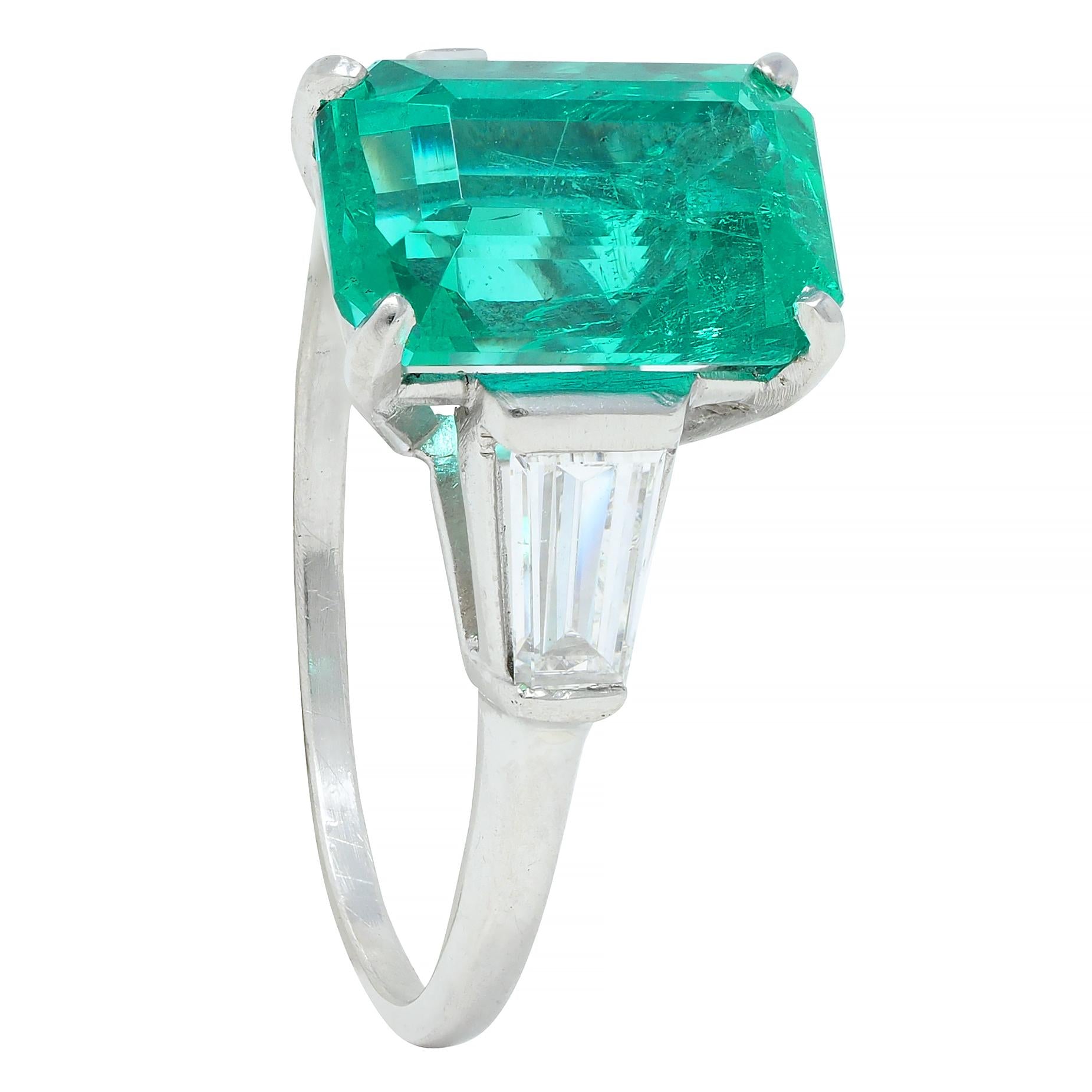 Mid-Century 3.43 CTW Colombian Emerald Diamond Platinum Three Stone Vintage Ring