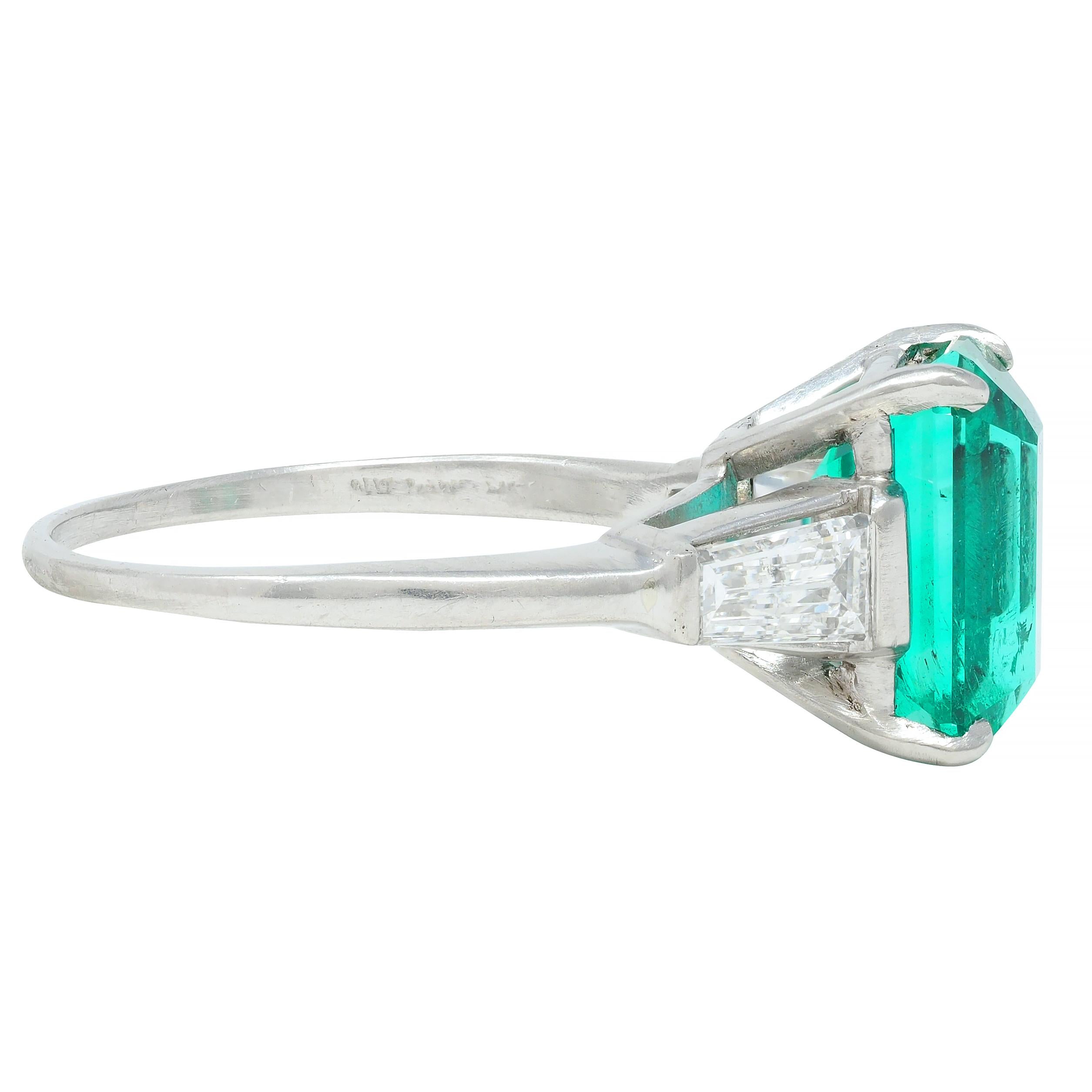 Mid-Century 3.43 CTW Colombian Emerald Diamond Platinum Three Stone Vintage Ring