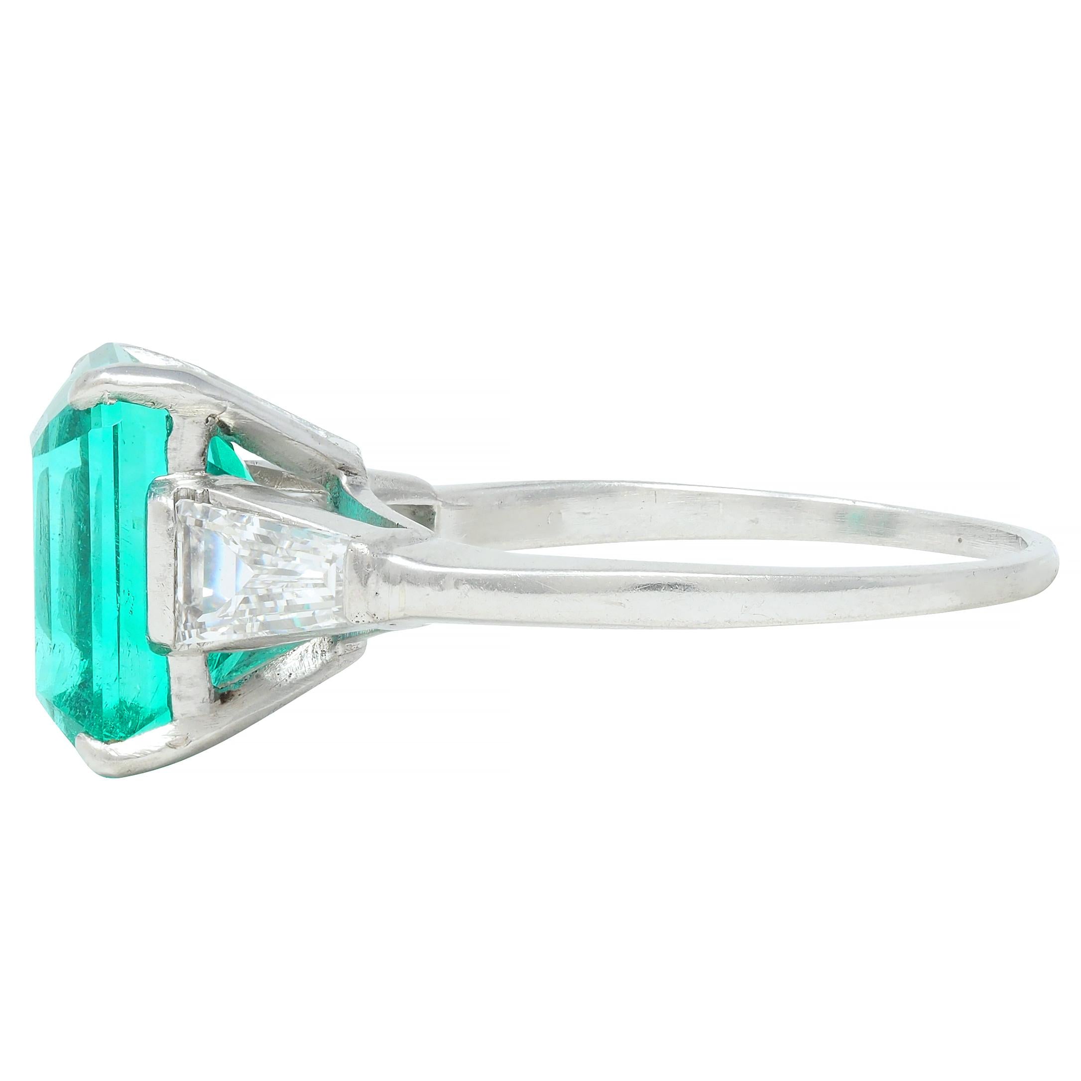 Mid-Century 3.43 CTW Colombian Emerald Diamond Platinum Three Stone Vintage Ring