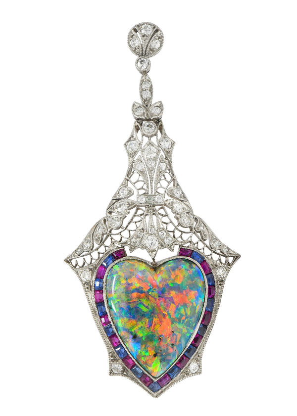 Edwardian 9.64 CTW Diamond Sapphire Ruby Heart Shaped Black Opal Antique Pendant