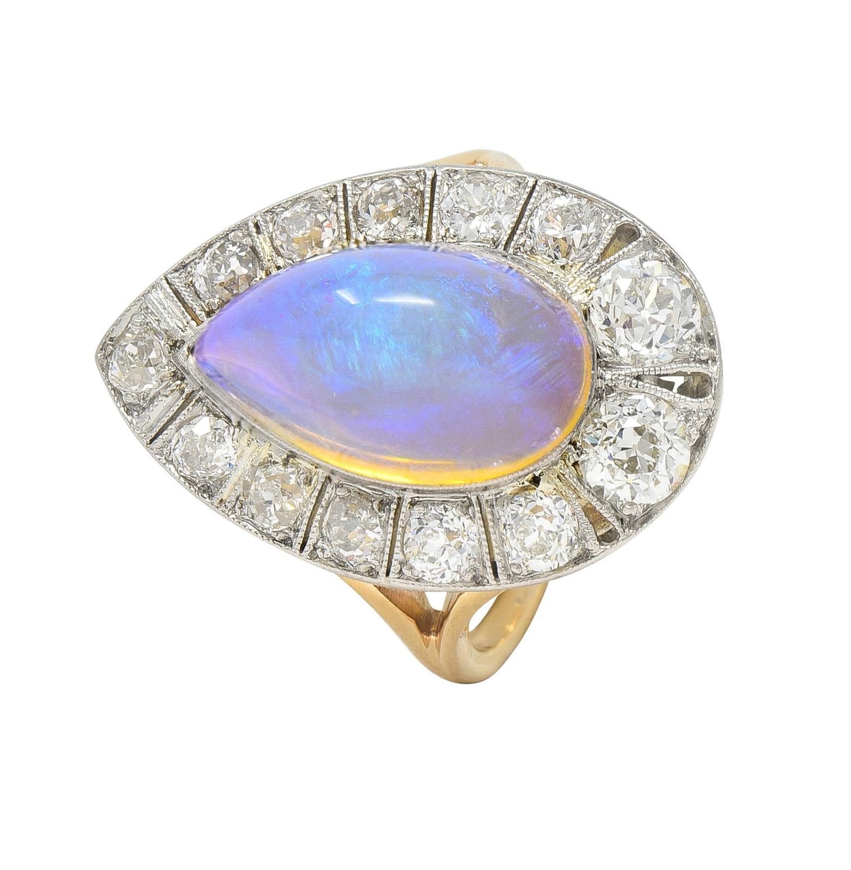 Edwardian Antique Pear Jelly Opal Diamond Platinum 14 Karat Gold Halo Ring