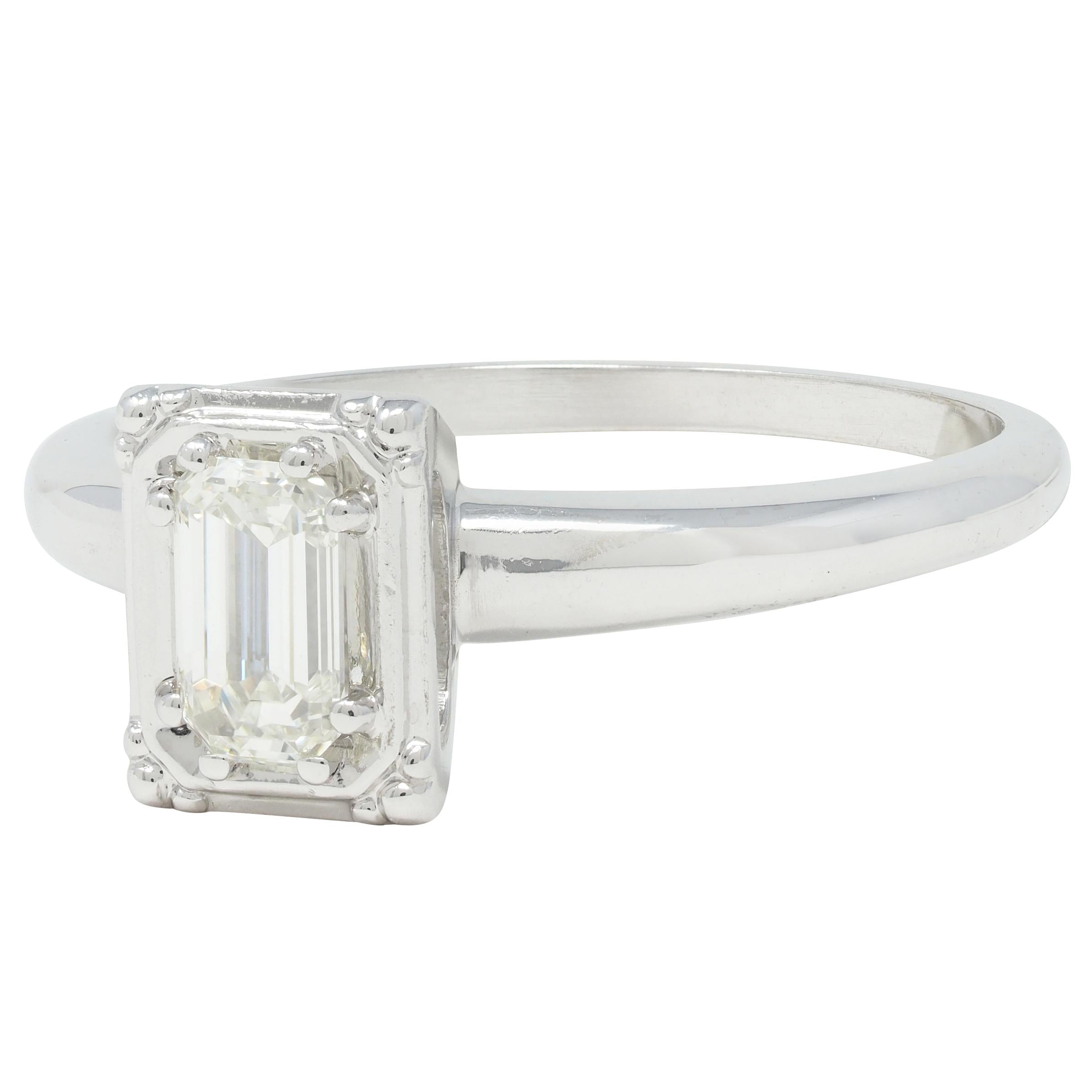 Vintage Mid-Century Emerald Cut Diamond 14 Karat White Gold Engagement Ring