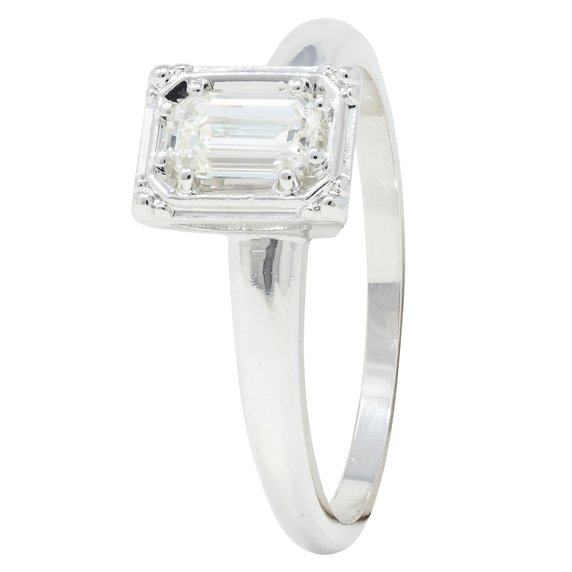 Vintage Mid-Century Emerald Cut Diamond 14 Karat White Gold Engagement Ring