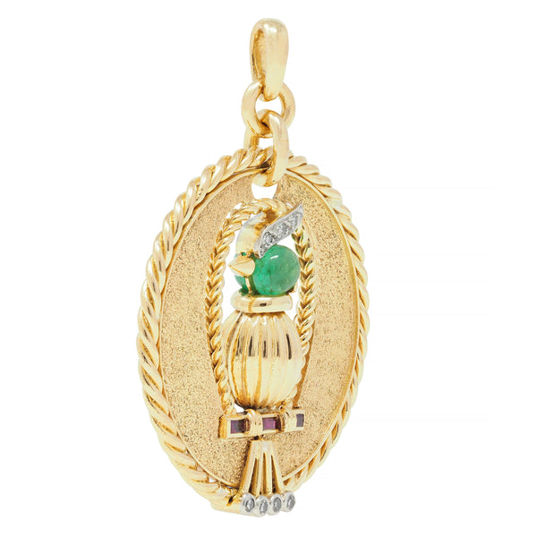 French 1950's 18 Karat Gold Platinum Emerald Diamond Ruby Bird Pendant Charm