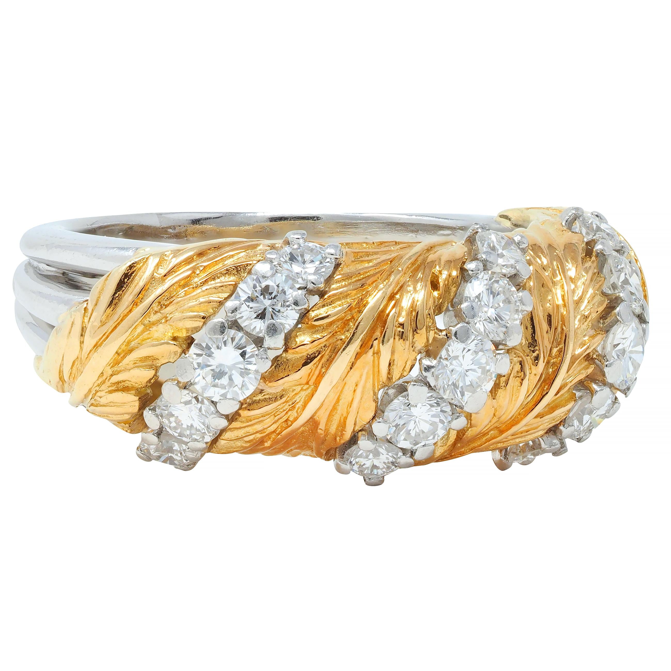 McTeigue & Co. 1950's Diamond Platinum 18 Karat Gold Vintage Feather Band Ring