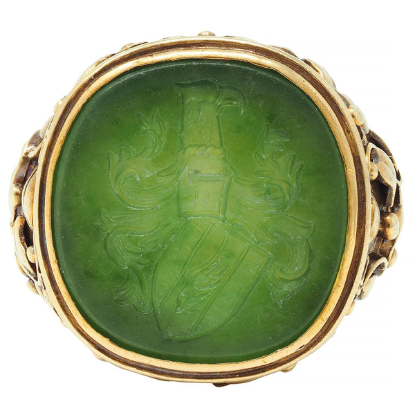 Victorian Nephrite Jade 14 Karat Yellow Gold Heraldry Intaglio Ivy Signet Ring