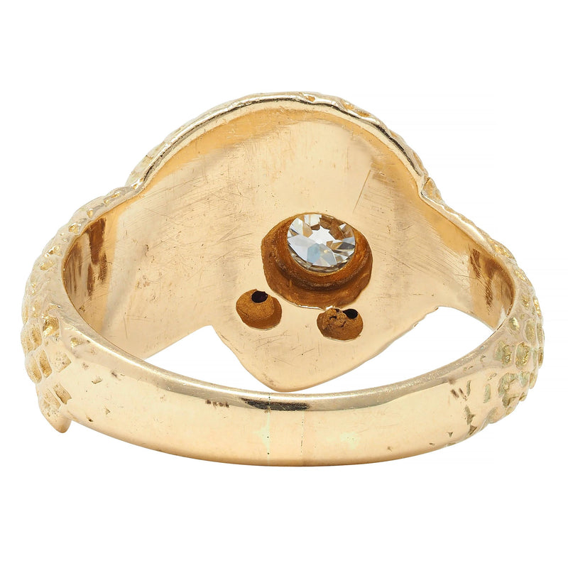 Victorian Old European Cut Diamond Ruby 10 Karat Yellow Gold Antique Snake Ring