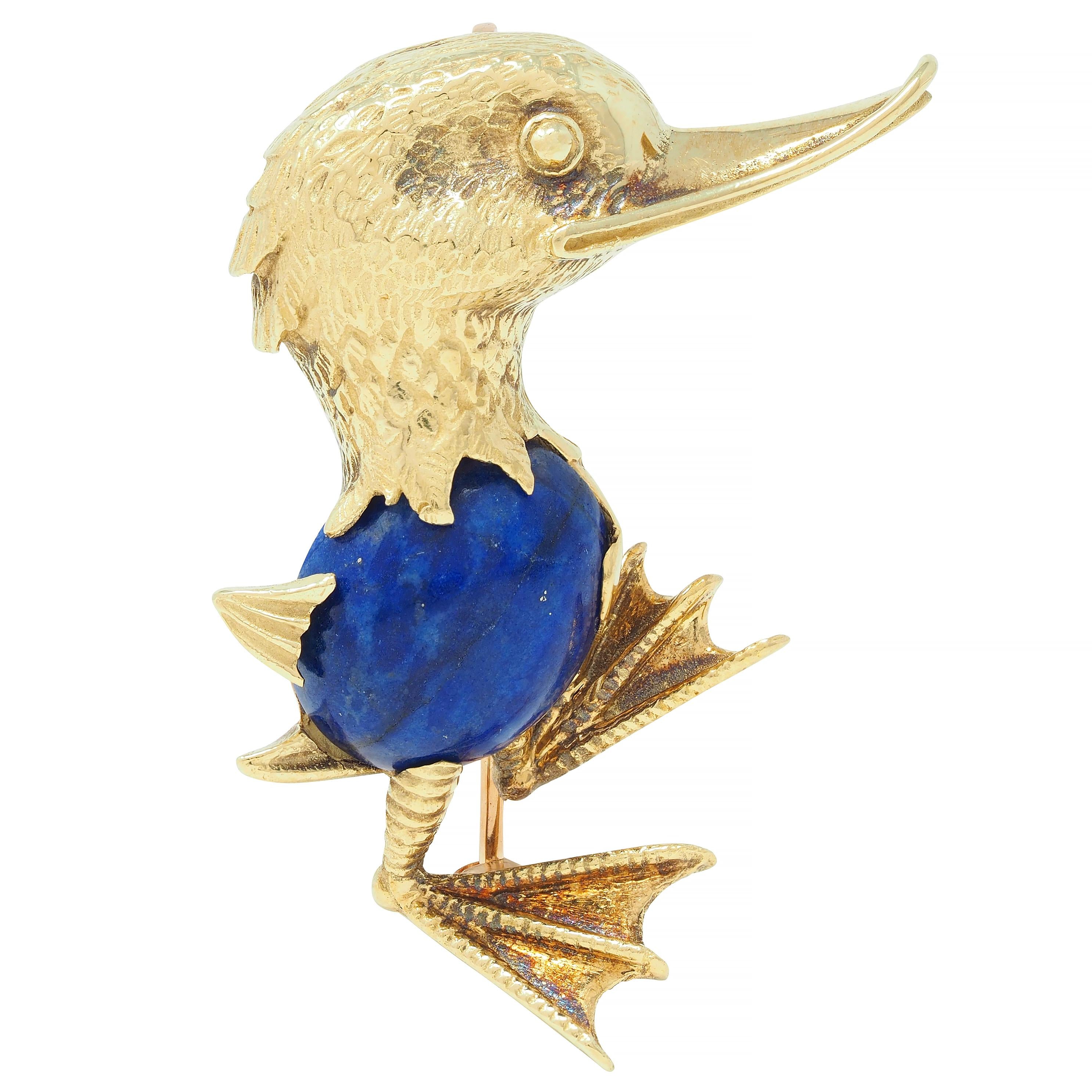 Vintage Lapis Lazuli 18 Karat Yellow Gold Whimsical Duck Brooch