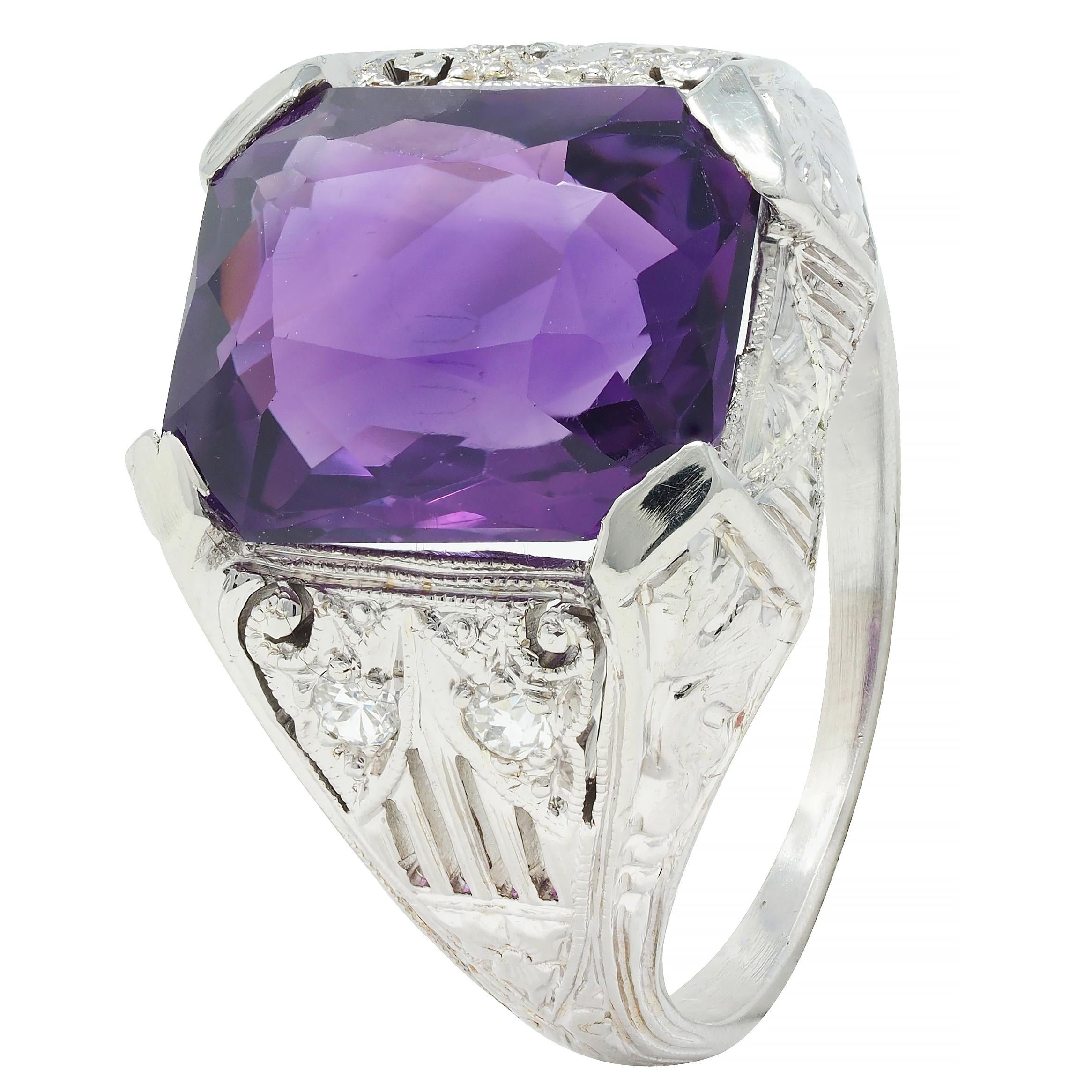 Jones & Woodland CO. Art Deco Amethyst 18 Karat White Gold Antique Foliate Ring