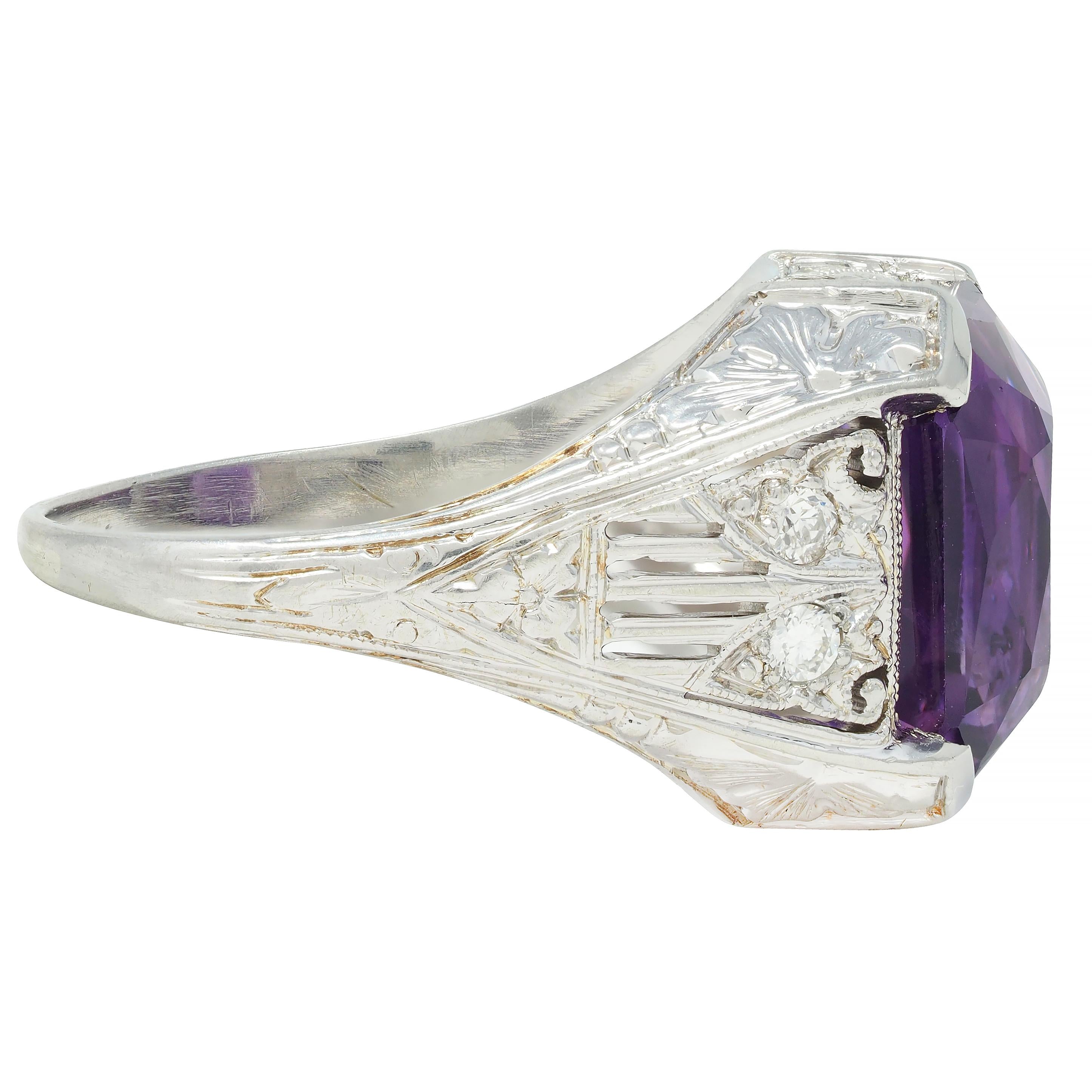 Jones & Woodland CO. Art Deco Amethyst 18 Karat White Gold Antique Foliate Ring