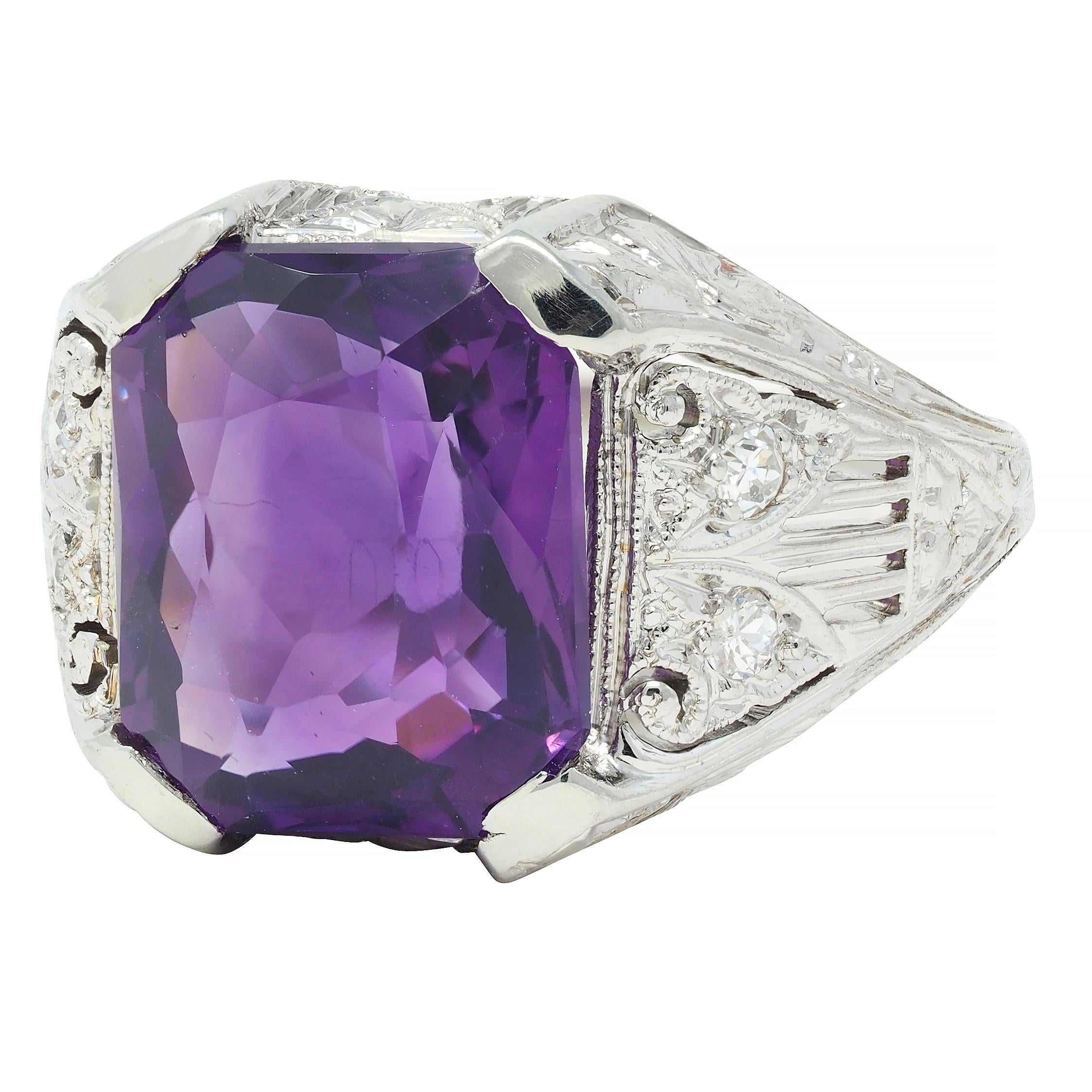 Jones & Woodland CO. Art Deco Amethyst 18 Karat White Gold Antique Foliate Ring