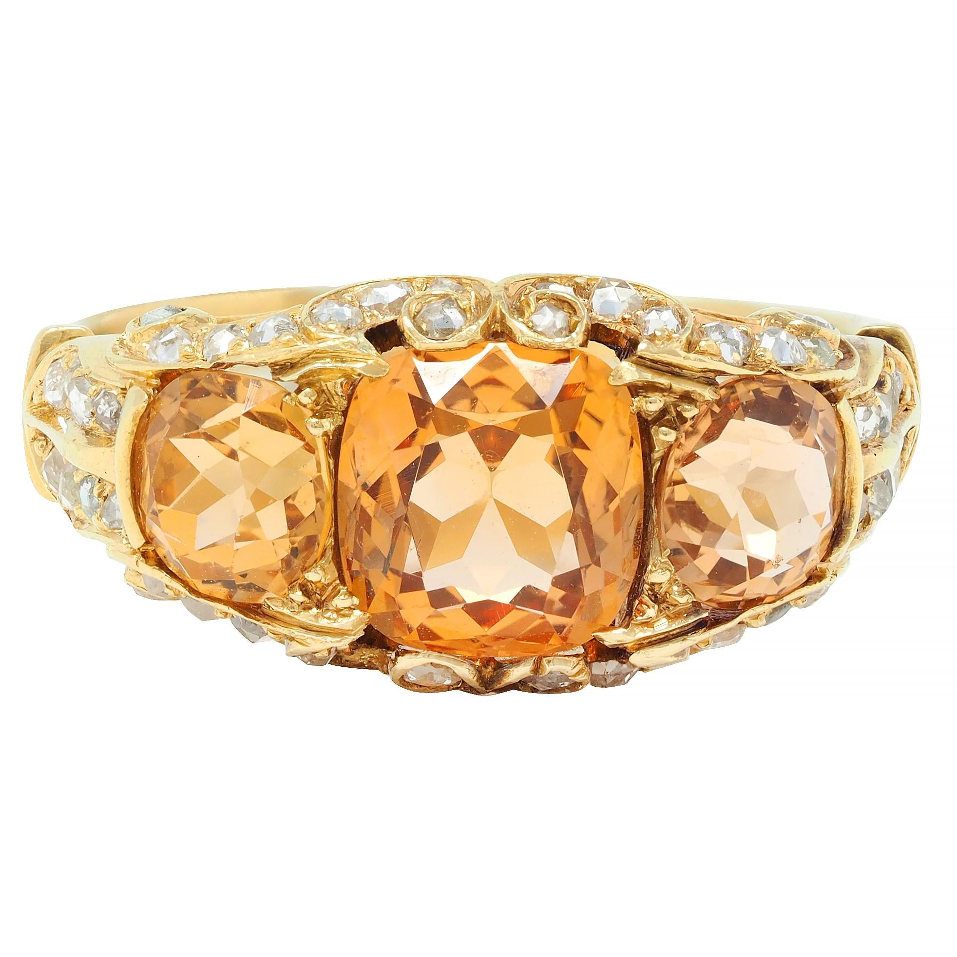 Victorian 4.00 CTW Topaz Diamond 18 Karat Gold Scroll Antique Three Stone Ring