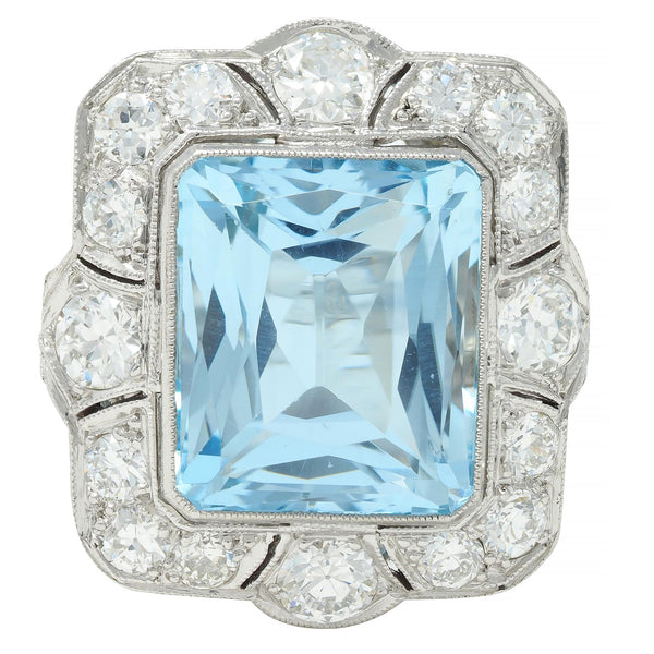 Art Deco 8.48 CTW Aquamarine Diamond Platinum Vintage Cocktail Ring