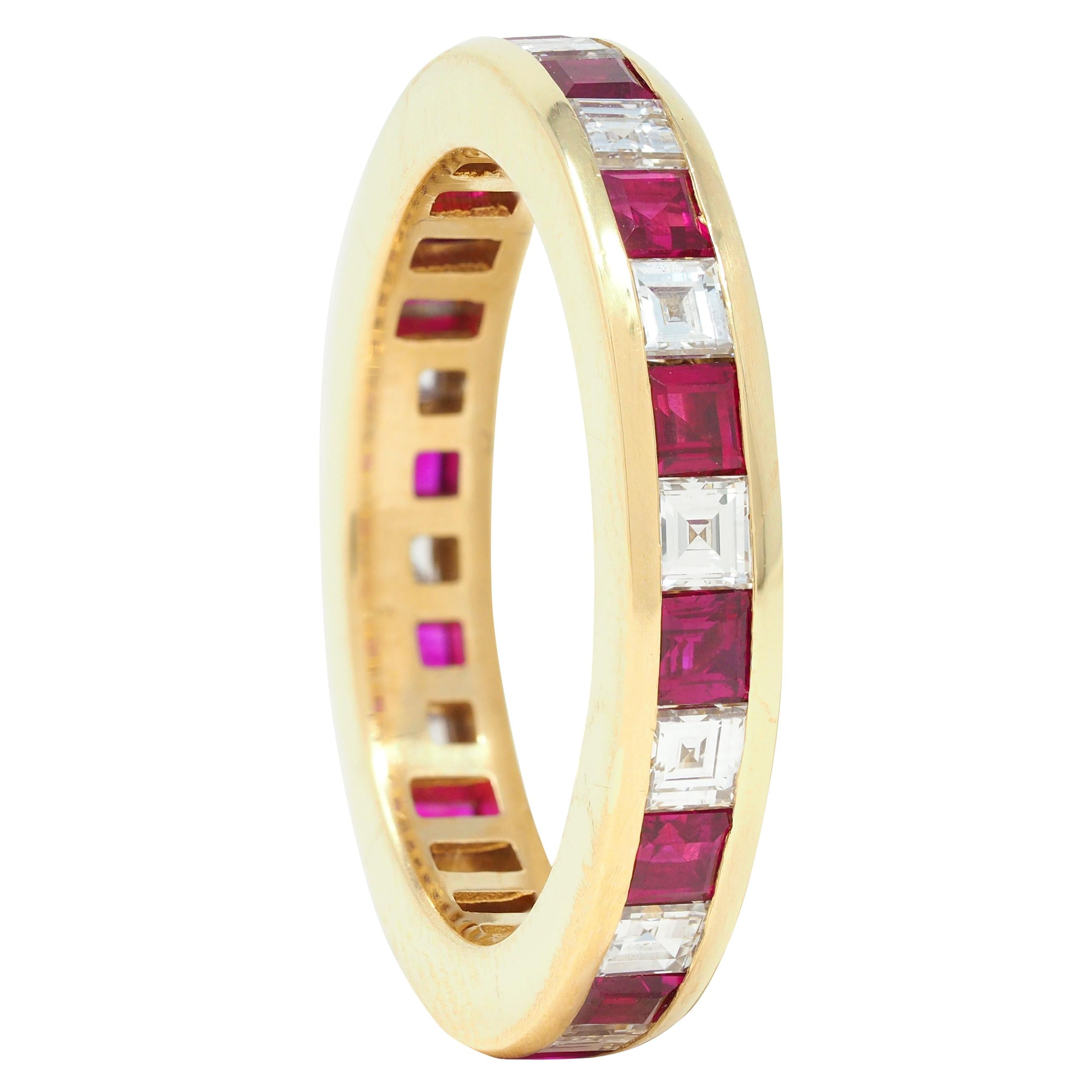 Tiffany & Co. 1.94 CTW Step Cut Diamond Ruby 18 Karat Yellow Gold Eternity Band