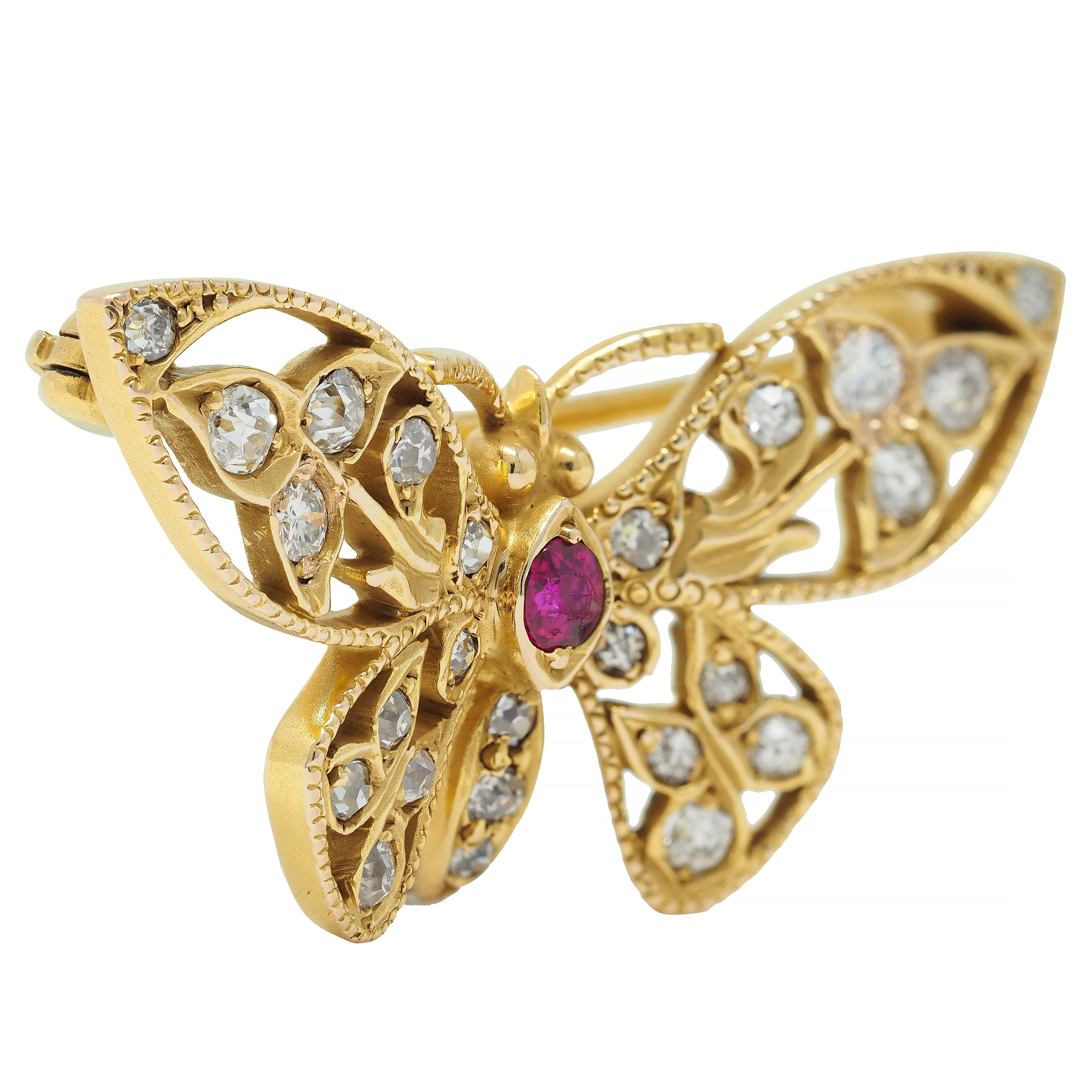 Art Nouveau Antique Ruby Diamond 14 Karat Yellow Gold Butterfly Brooch