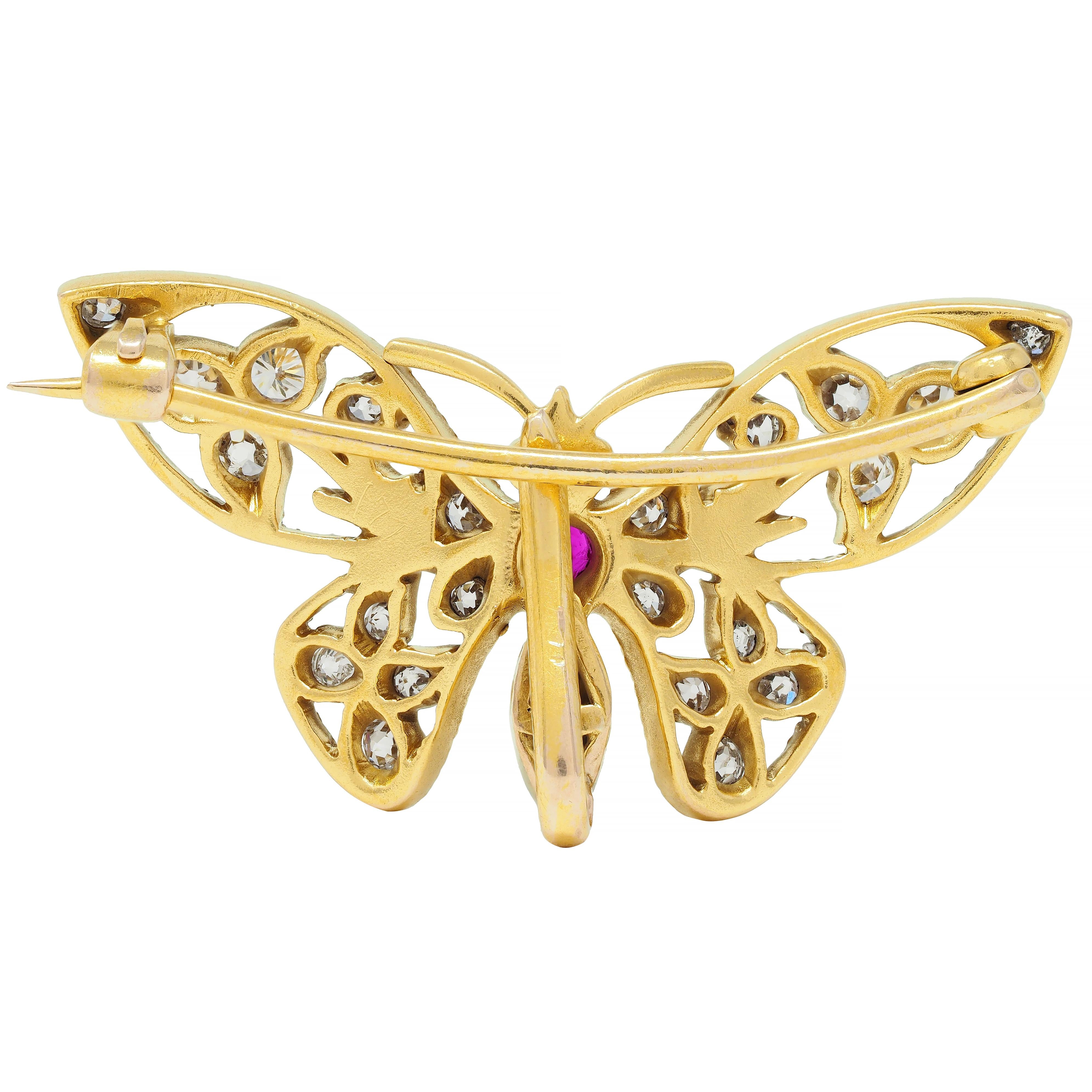 Art Nouveau Antique Ruby Diamond 14 Karat Yellow Gold Butterfly Brooch