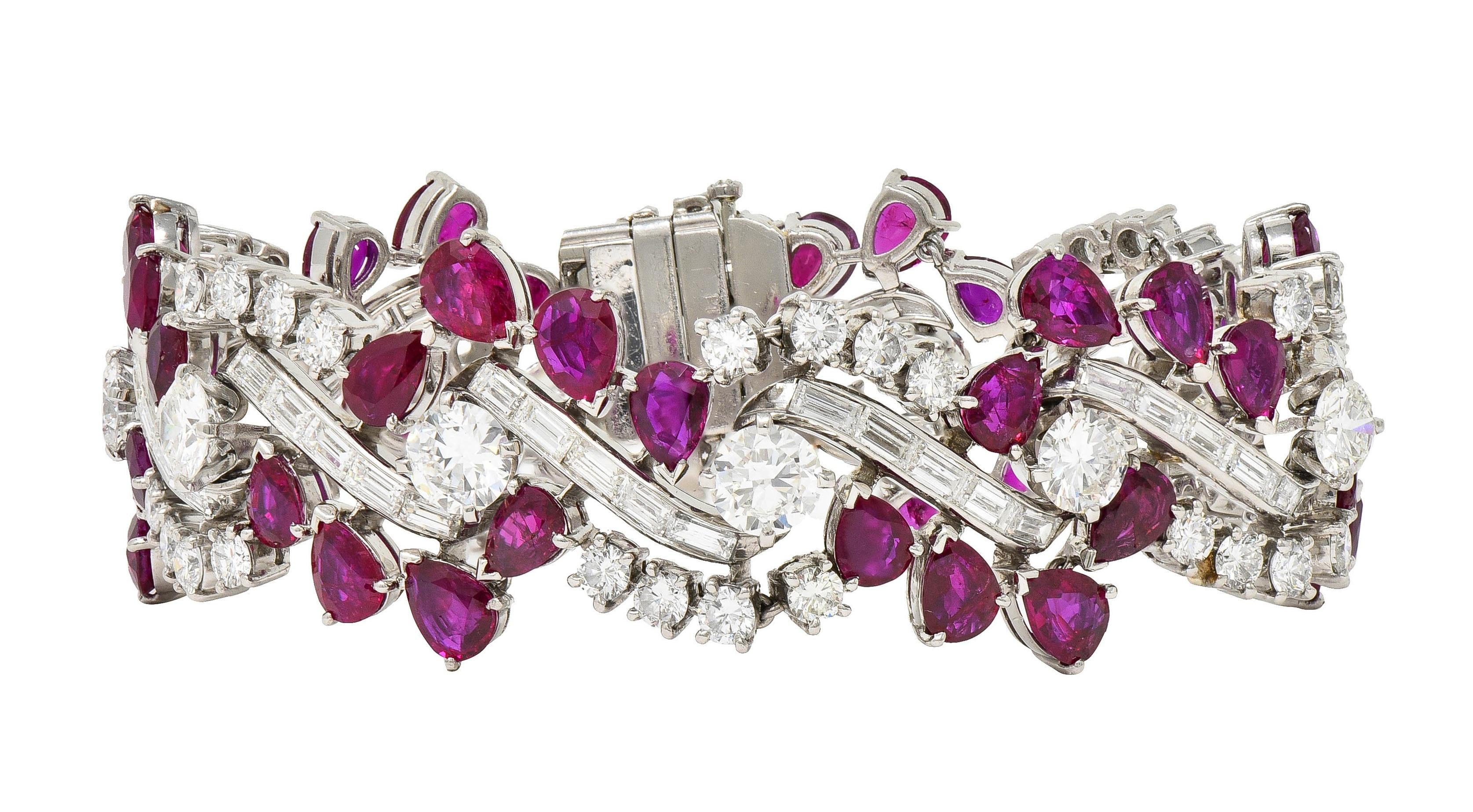 Mid-Century No Heat Burma Ruby Diamond Platinum Vintage Twist Line Bracelet