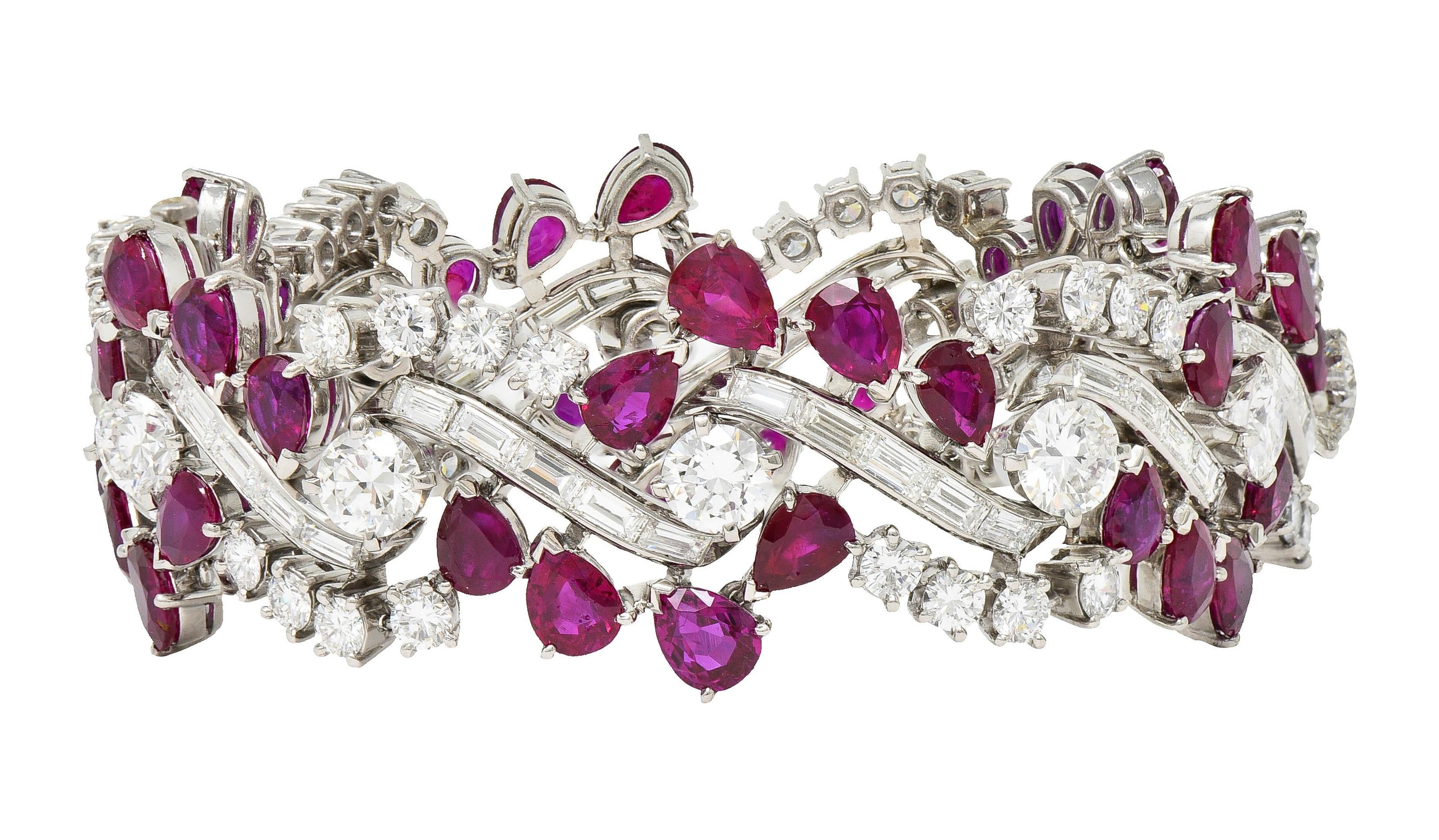 Mid-Century No Heat Burma Ruby Diamond Platinum Vintage Twist Line Bracelet