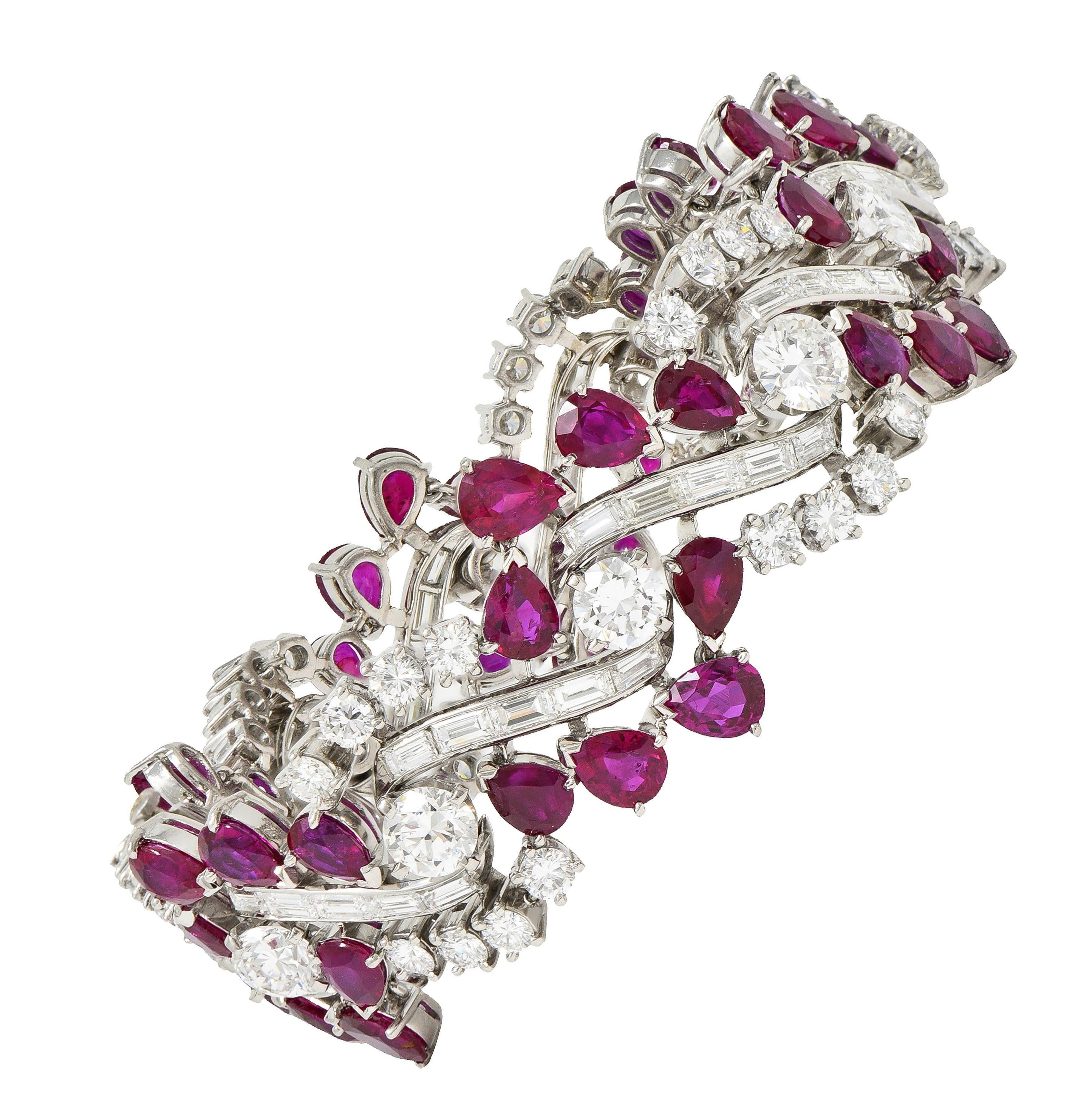 Mid-Century No Heat Burma Ruby Diamond Platinum Vintage Twist Line Bracelet