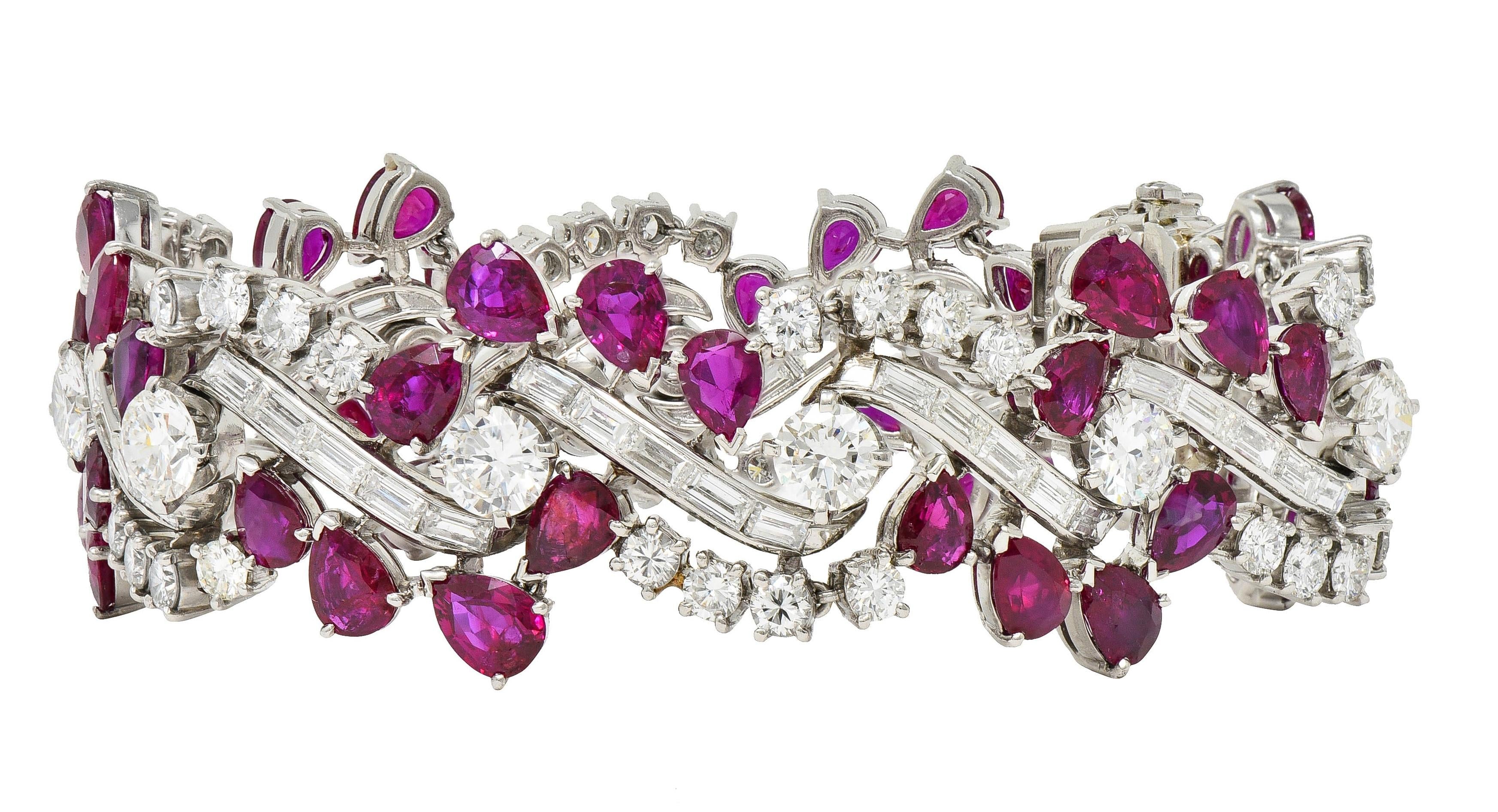 Mid-Century No Heat Burma Ruby Diamond Platinum Vintage Twist Line Bracelet