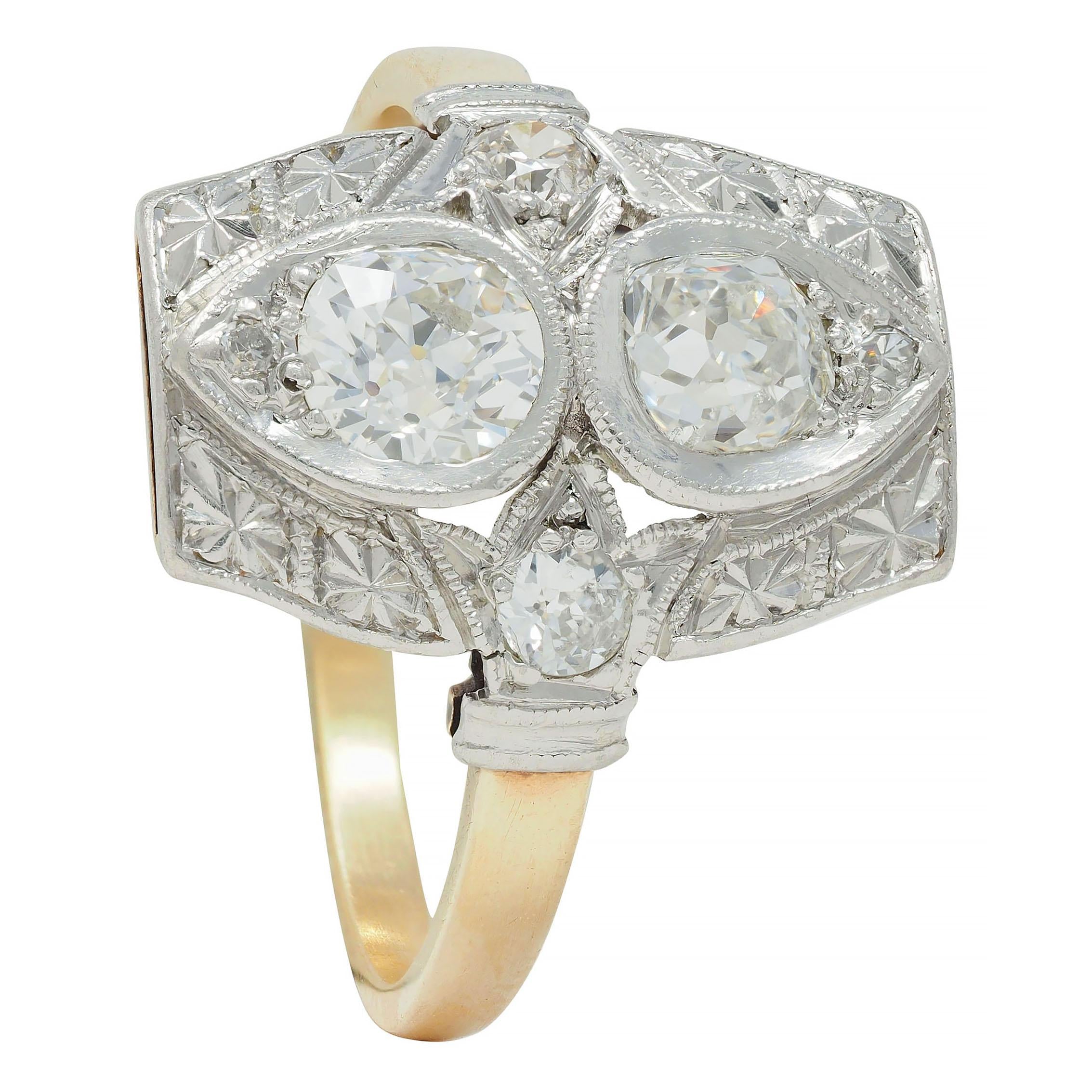 Art Deco 0.82 CTW Diamond Platinum 14 K Lotus Toi-Et-Moi Antique Dinner Ring