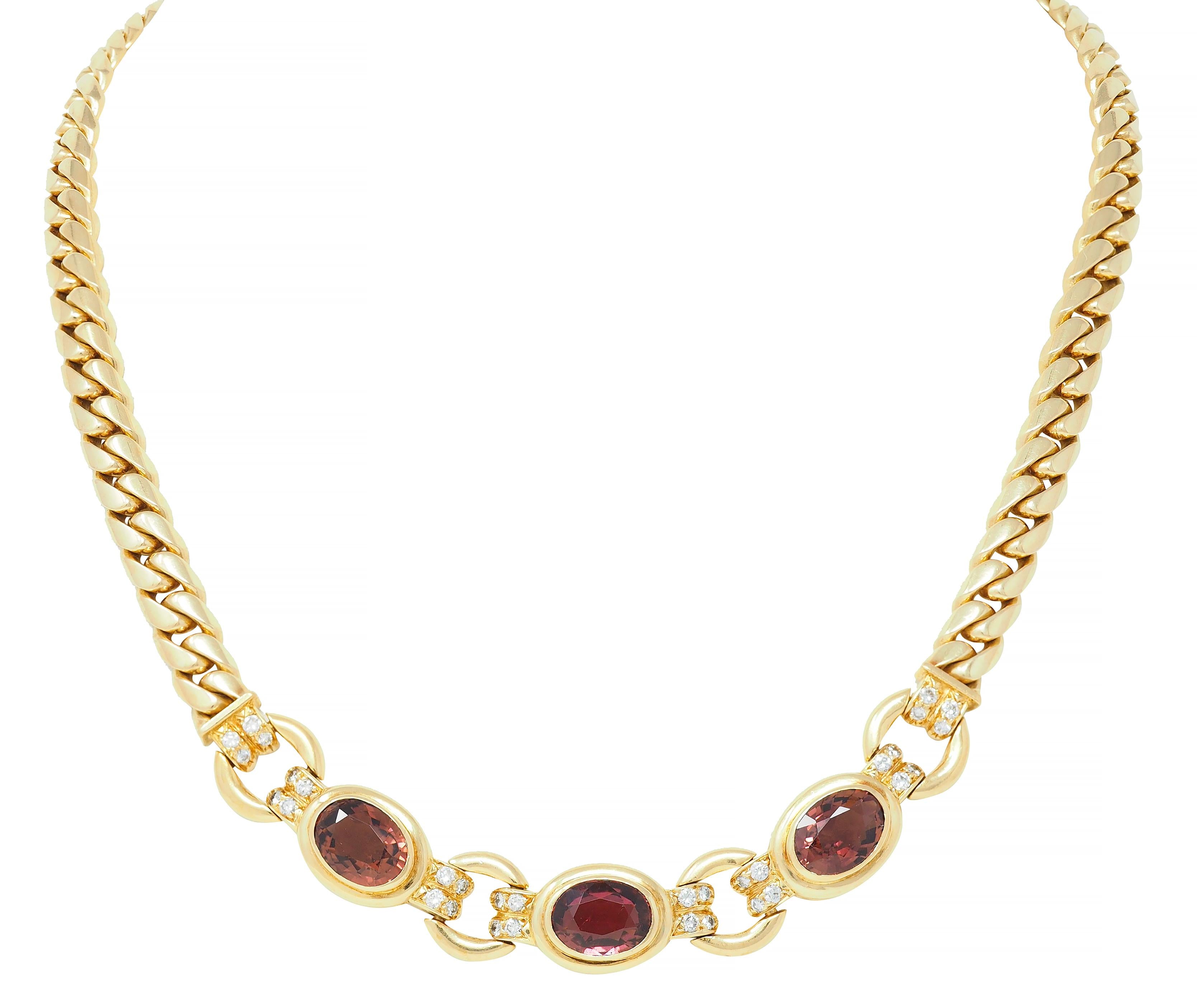 Bulgari 1980's Diamond Tourmaline 18K Yellow Gold Curb Link Vintage Necklace