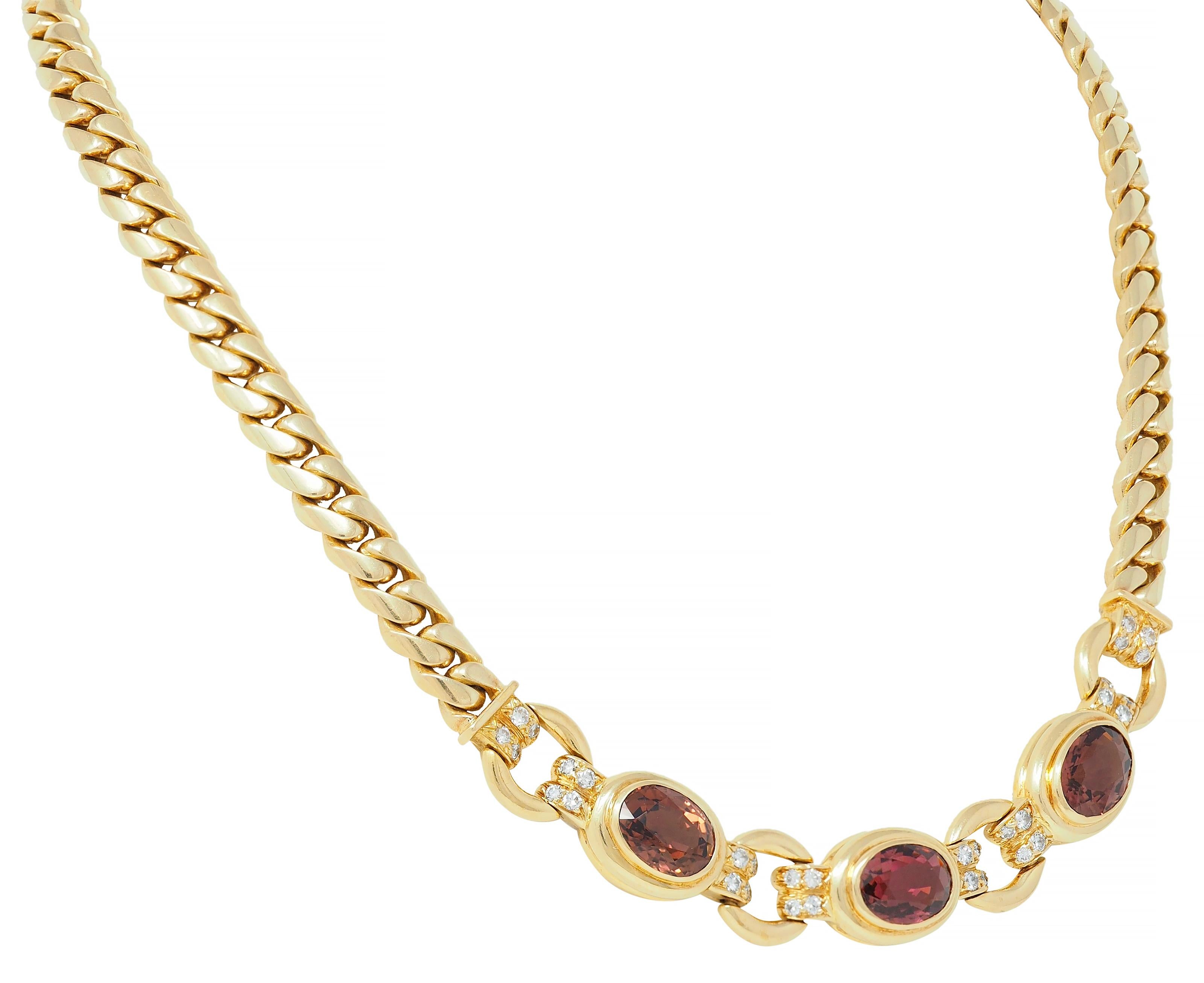 Bulgari 1980's Diamond Tourmaline 18K Yellow Gold Curb Link Vintage Necklace