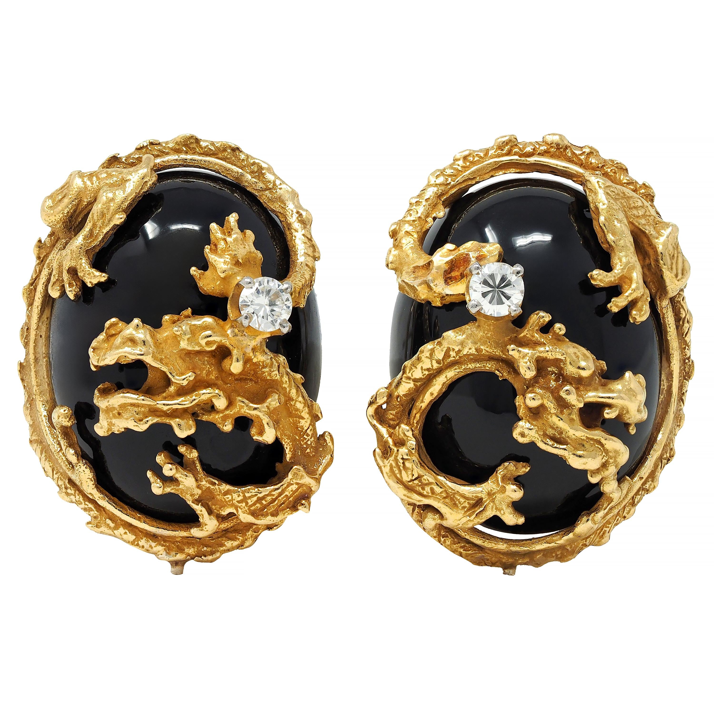 Erwin Pearl 1970's Diamond Onyx 18 Karat Gold Dragon Vintage Earrings