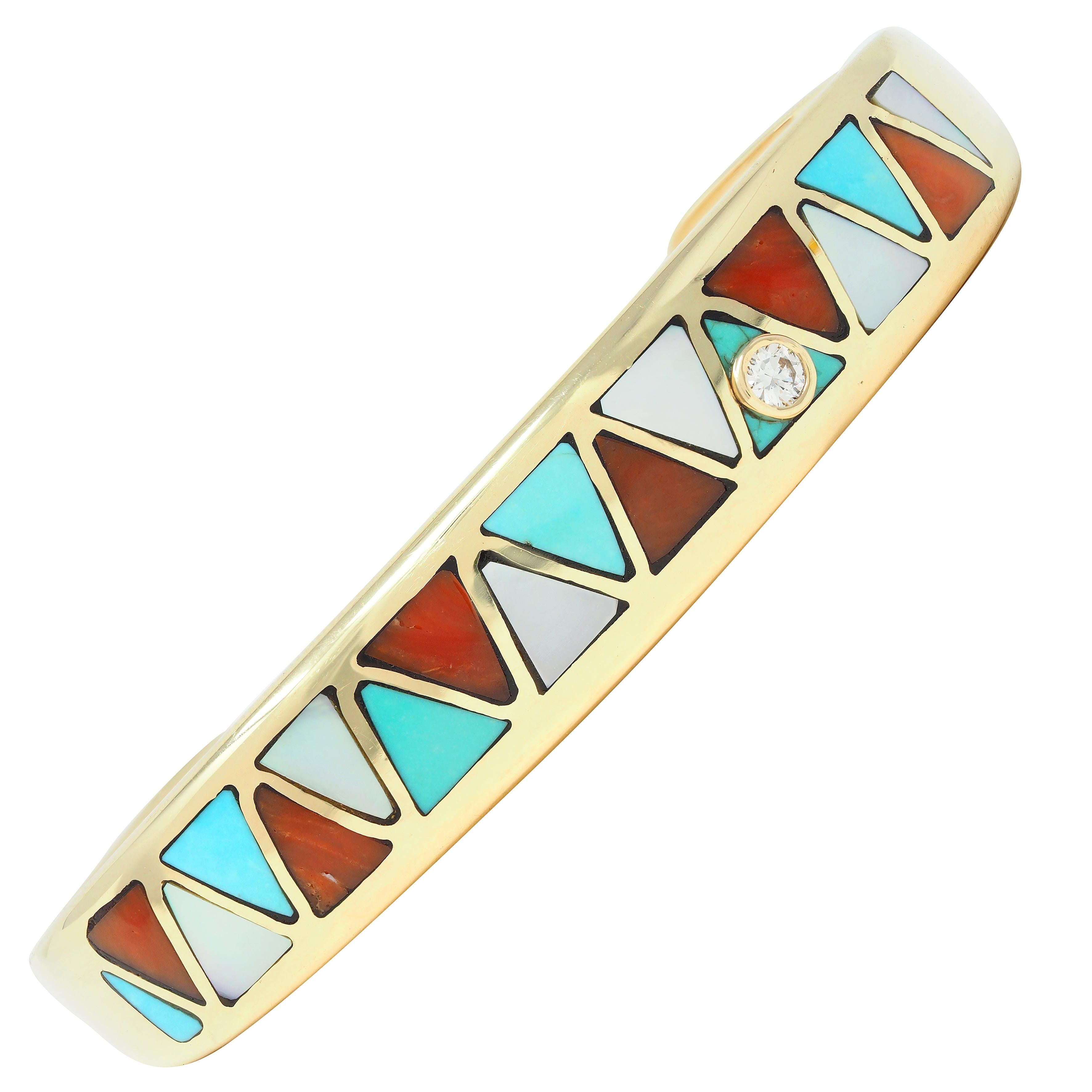 Vintage Diamond Turquoise Carnelian Mother-Of-Pearl 14K Gold Inlay Cuff Bracelet