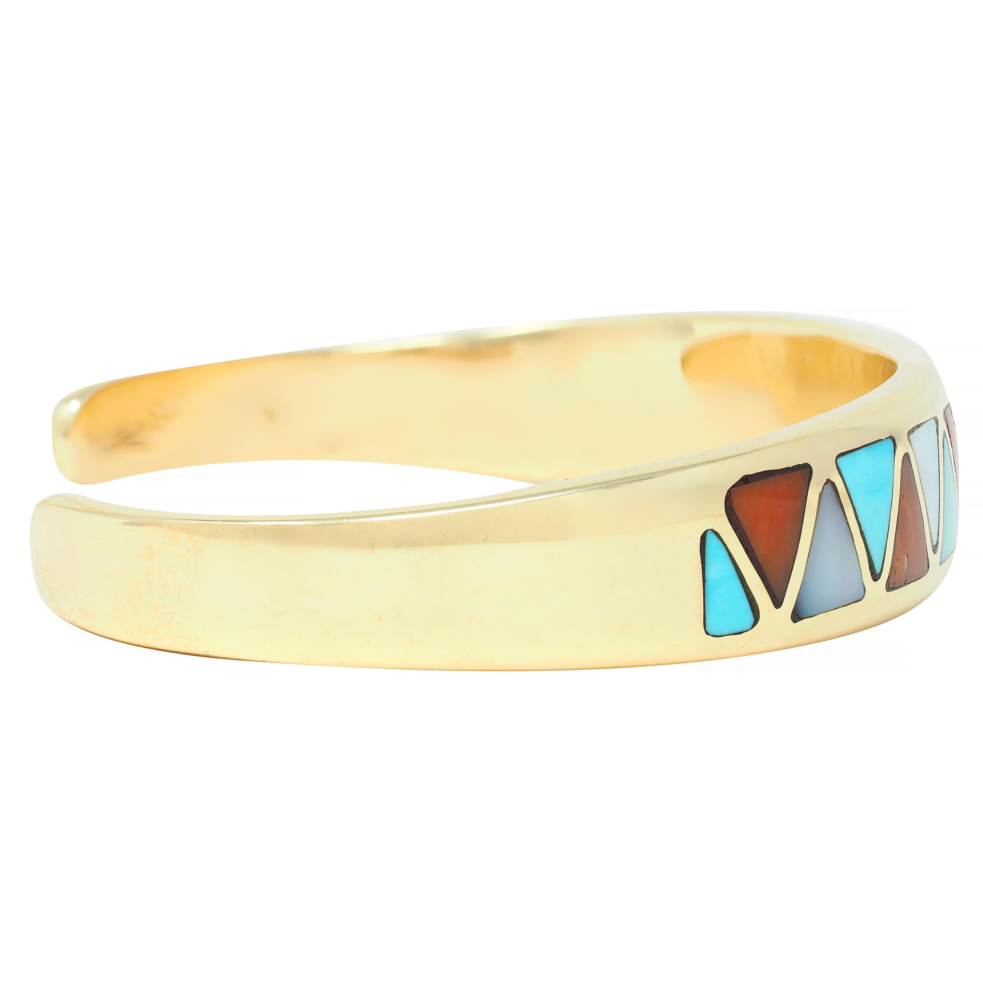 Vintage Diamond Turquoise Carnelian Mother-Of-Pearl 14K Gold Inlay Cuff Bracelet