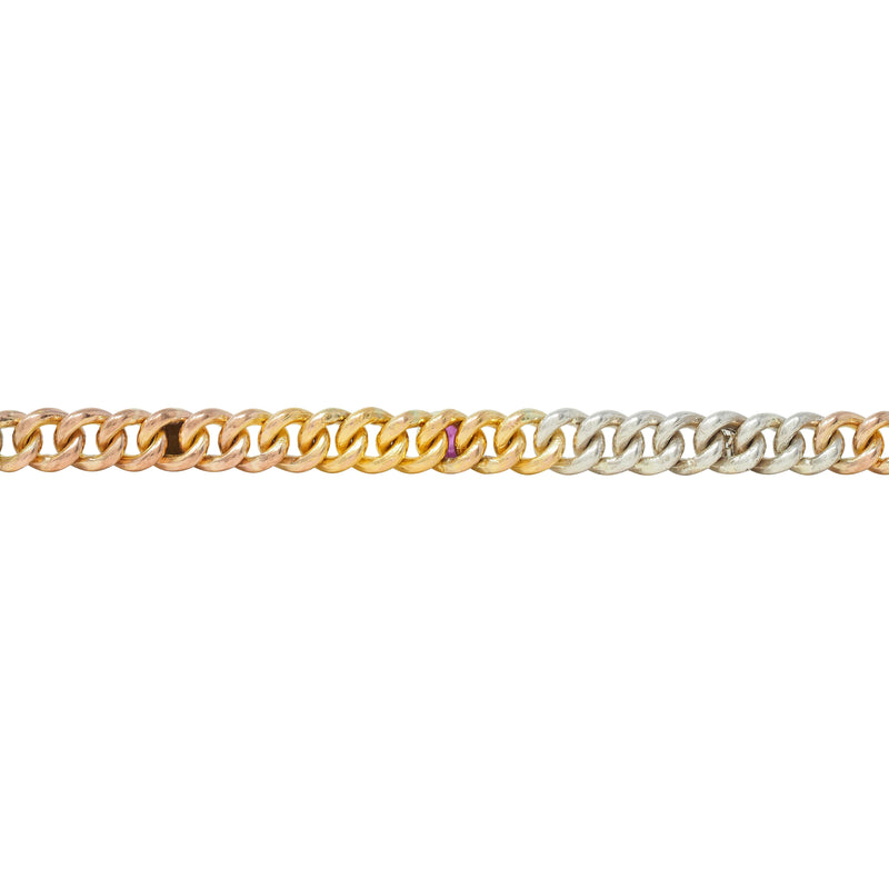 Victorian Multi-Gem Silver 14K Two-Tone Gold Navantra Antique Curb Link Bracelet