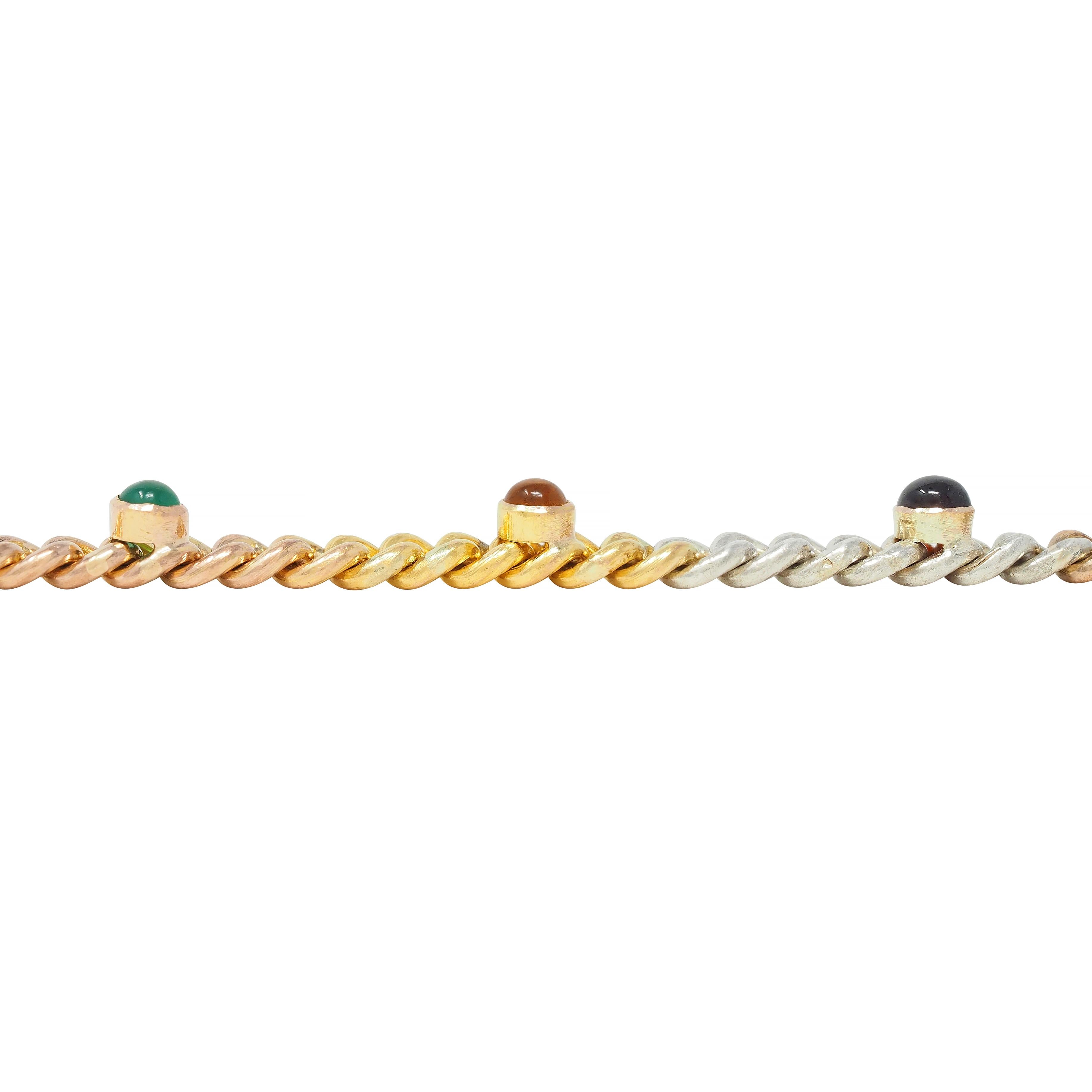 Victorian Multi-Gem Silver 14K Two-Tone Gold Navantra Antique Curb Link Bracelet