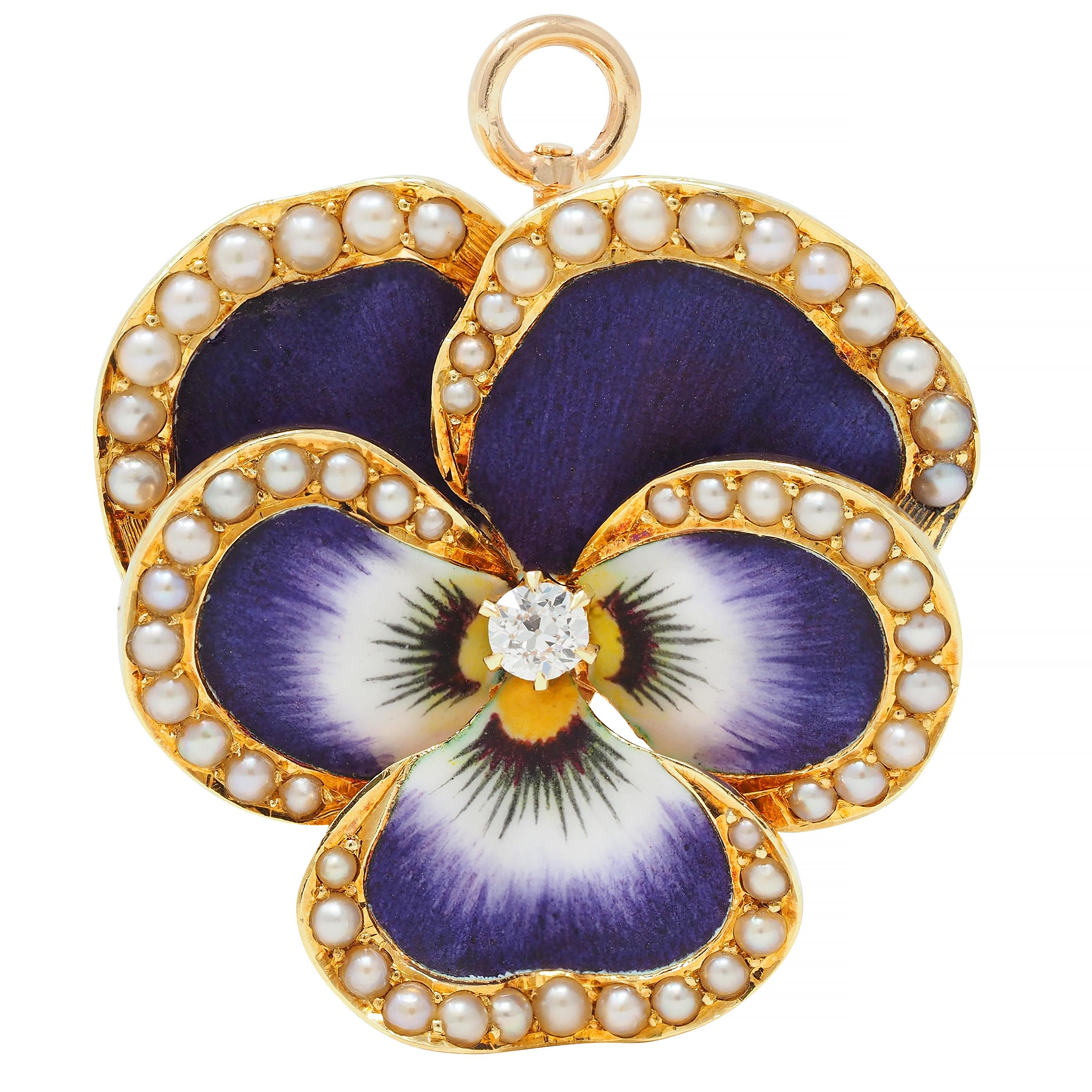 Krementz Diamond Enamel 18 Karat Gold Pansy Flower Antique Pendant Brooch