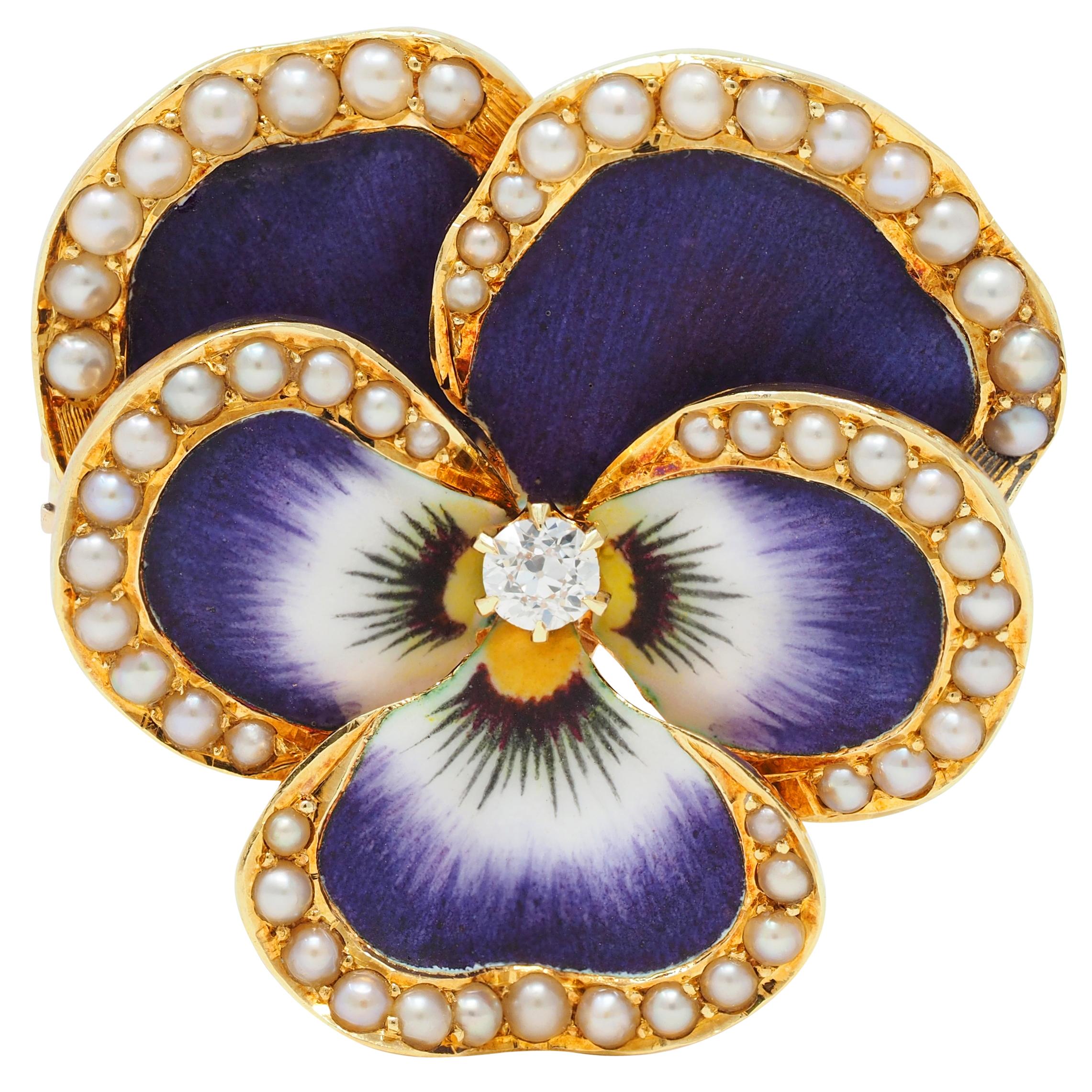 Krementz Diamond Enamel 18 Karat Gold Pansy Flower Antique Pendant Brooch