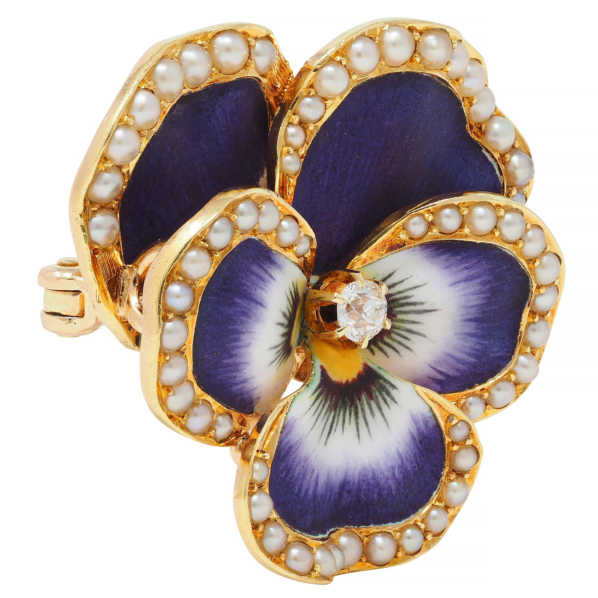 Krementz Diamond Enamel 18 Karat Gold Pansy Flower Antique Pendant Brooch