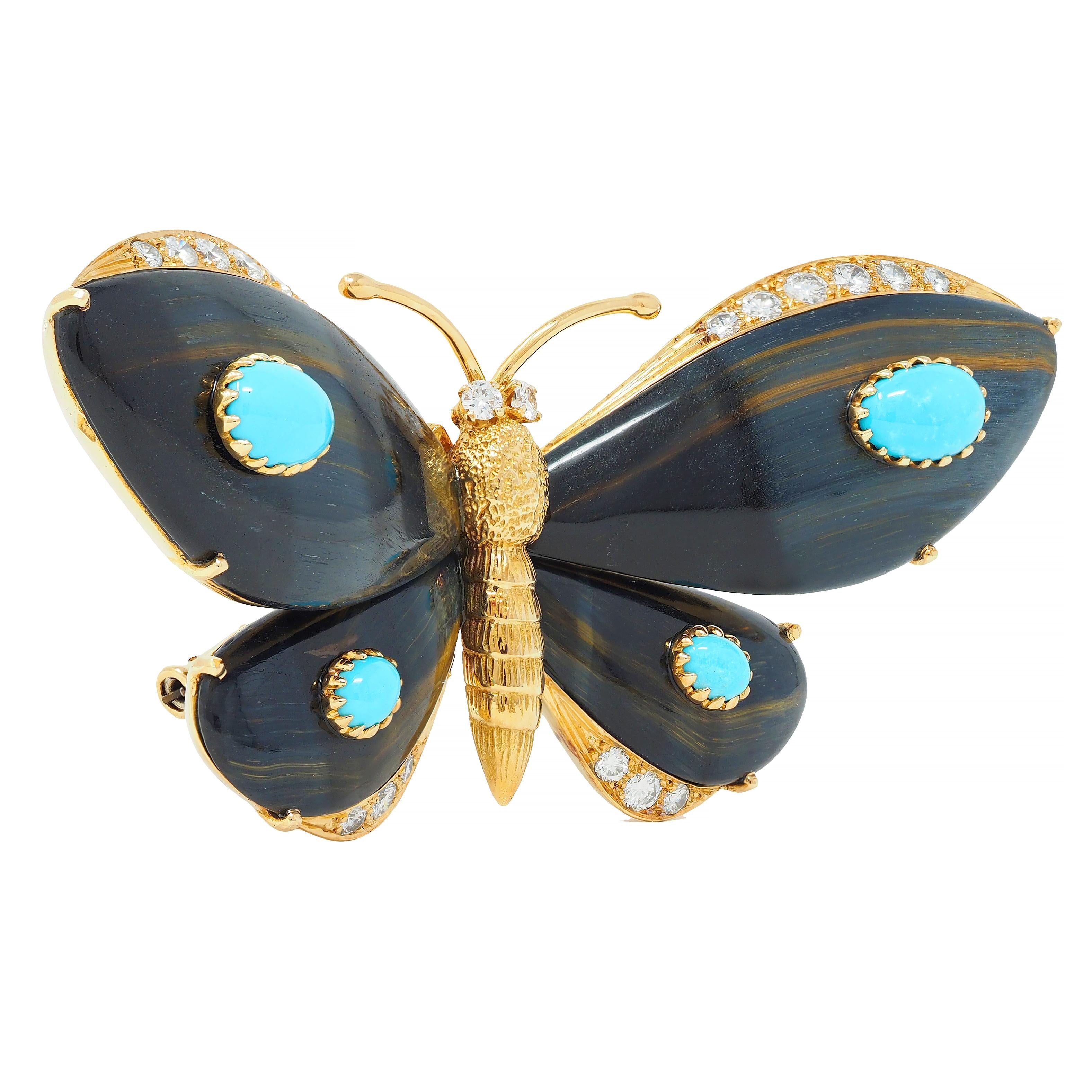 Wolfers French Diamond Turquoise Tiger's Eye 18K Gold Vintage Butterfly Brooch