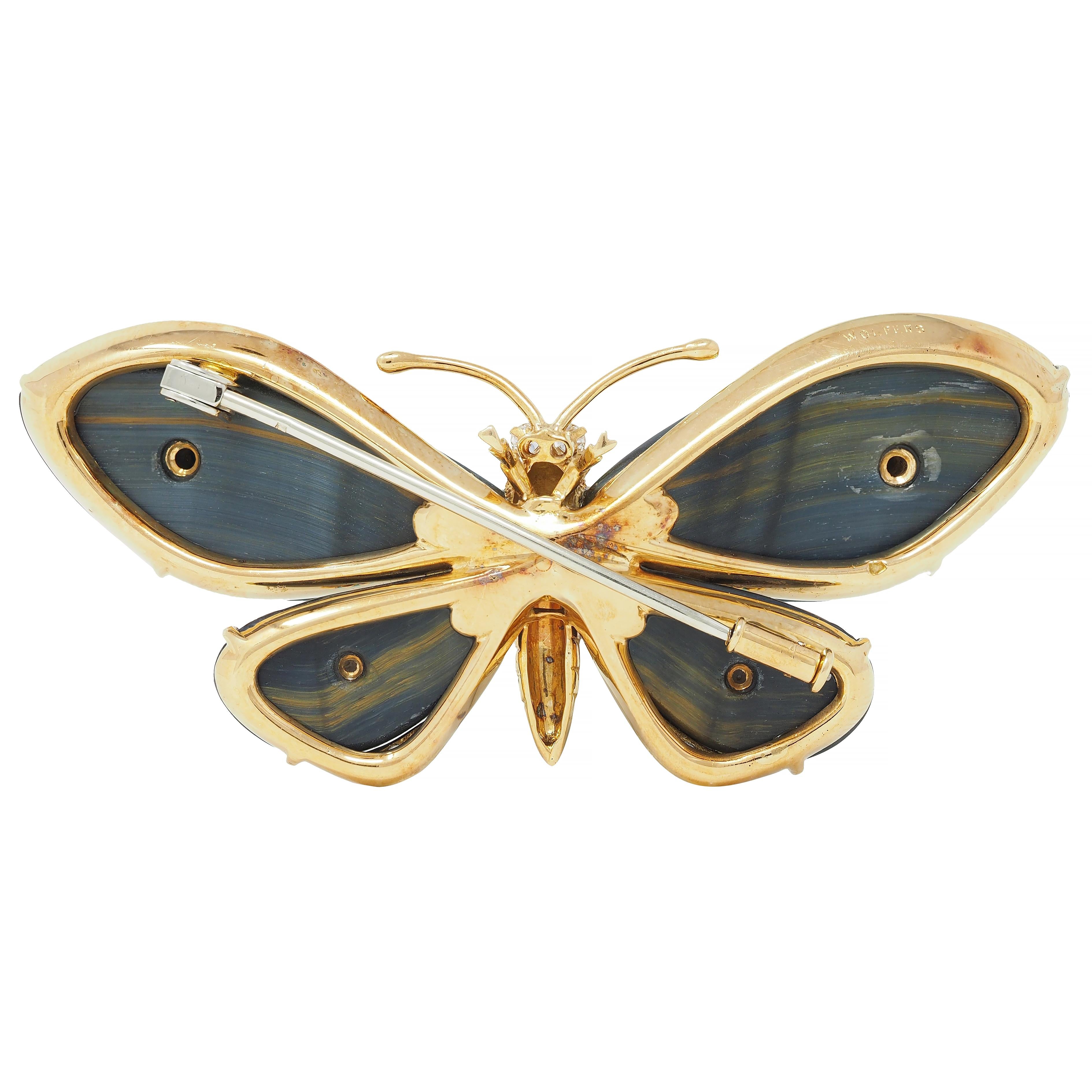 Wolfers French Diamond Turquoise Tiger's Eye 18K Gold Vintage Butterfly Brooch