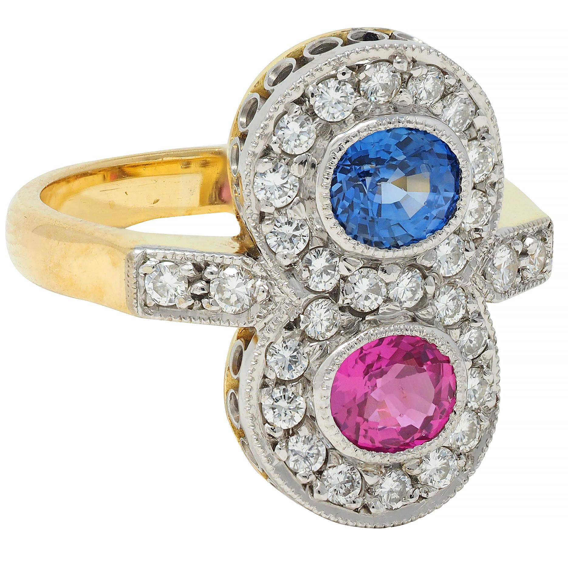 1980's 2.60 CTW Pink Blue Sapphire Diamond Platinum 18K Vintage Toi-Et-Moi Ring