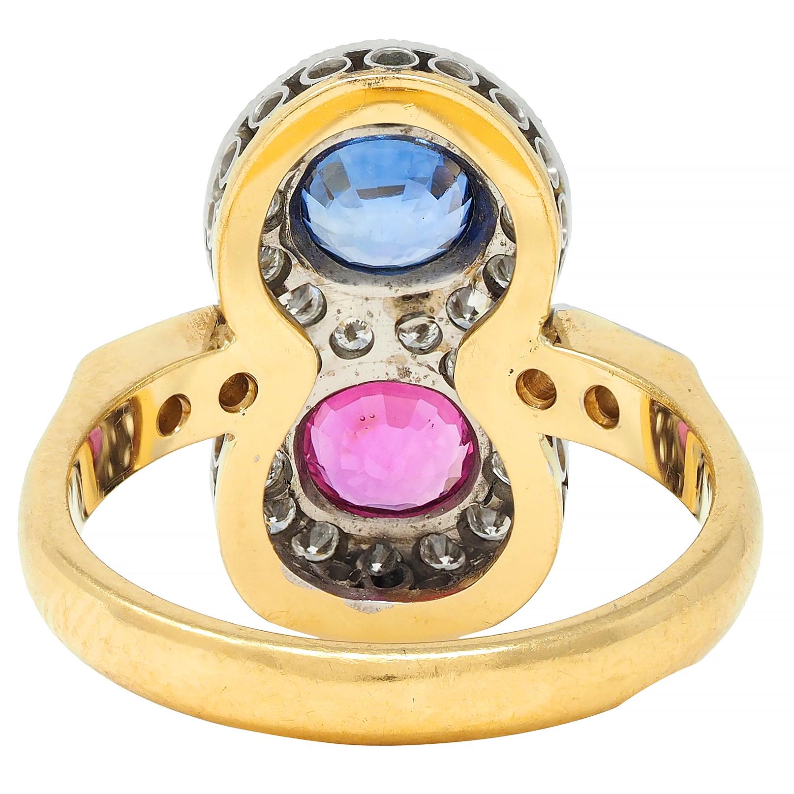 1980's 2.60 CTW Pink Blue Sapphire Diamond Platinum 18K Vintage Toi-Et-Moi Ring