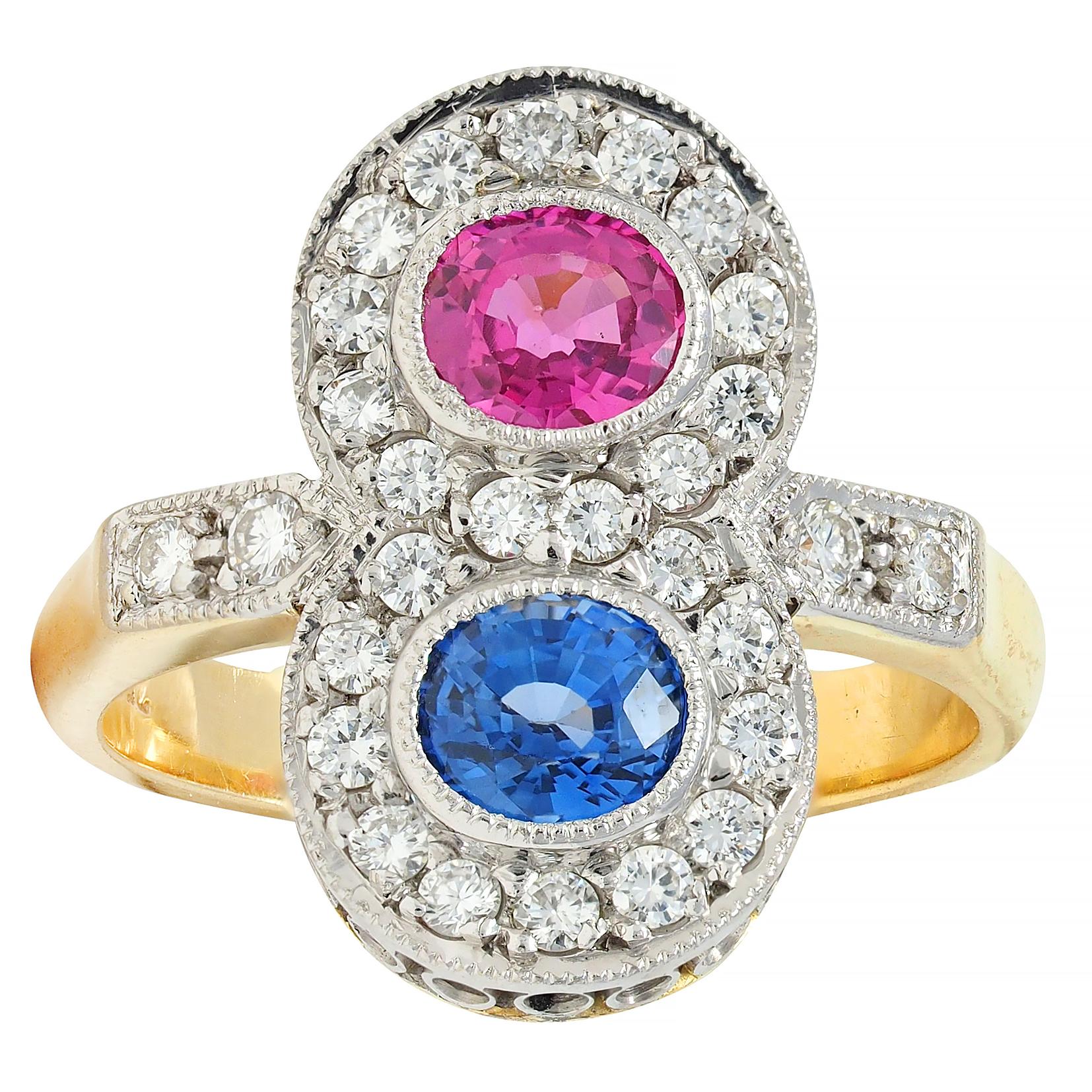 1980's 2.60 CTW Pink Blue Sapphire Diamond Platinum 18K Vintage Toi-Et-Moi Ring