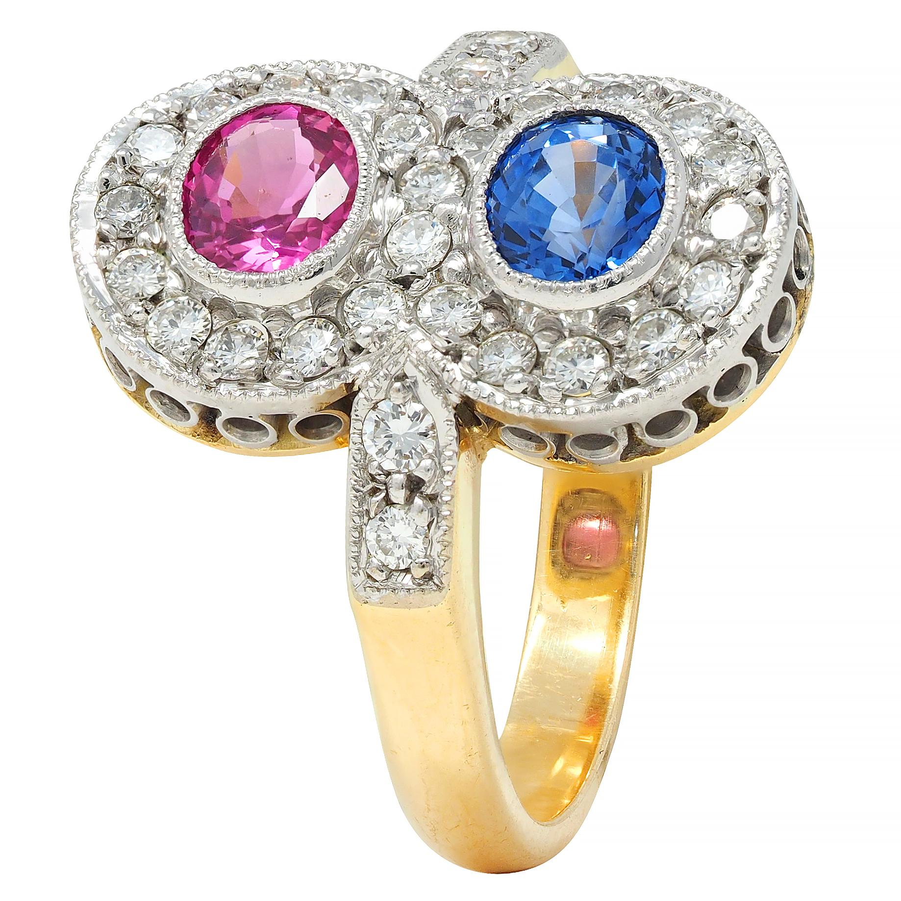 1980's 2.60 CTW Pink Blue Sapphire Diamond Platinum 18K Vintage Toi-Et-Moi Ring