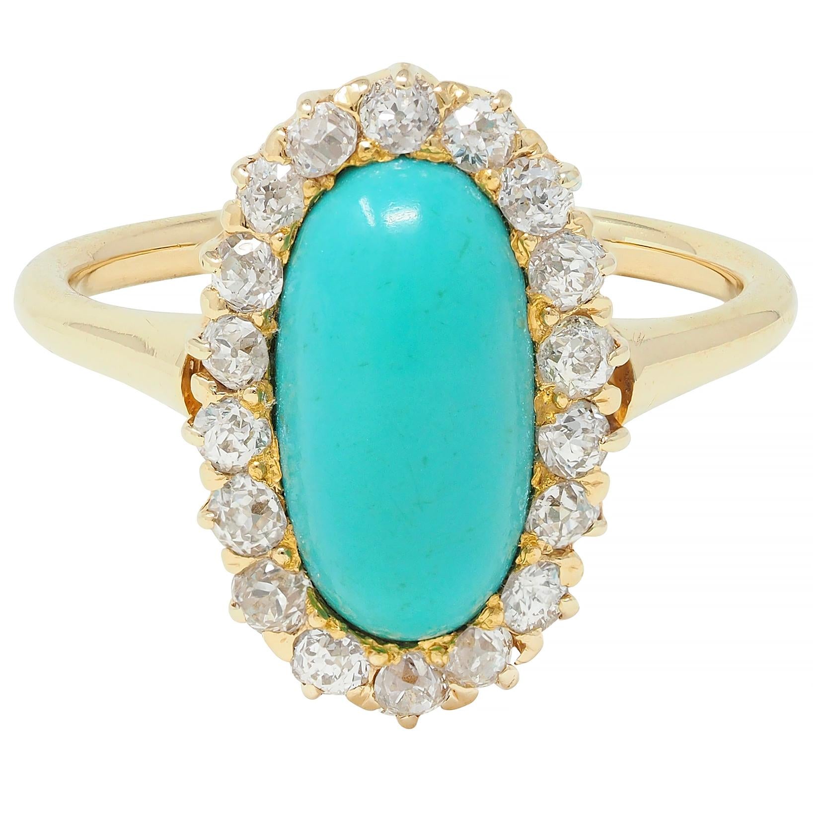 Victorian 0.72 CTW Diamond Turquoise 18 Karat Yellow Gold Antique Halo Ring