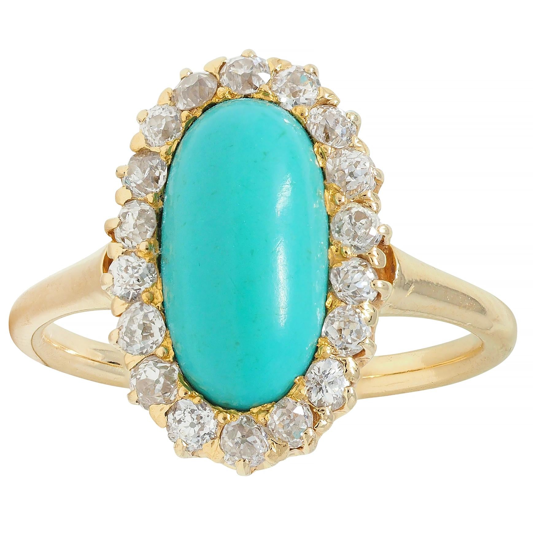 Victorian 0.72 CTW Diamond Turquoise 18 Karat Yellow Gold Antique Halo Ring