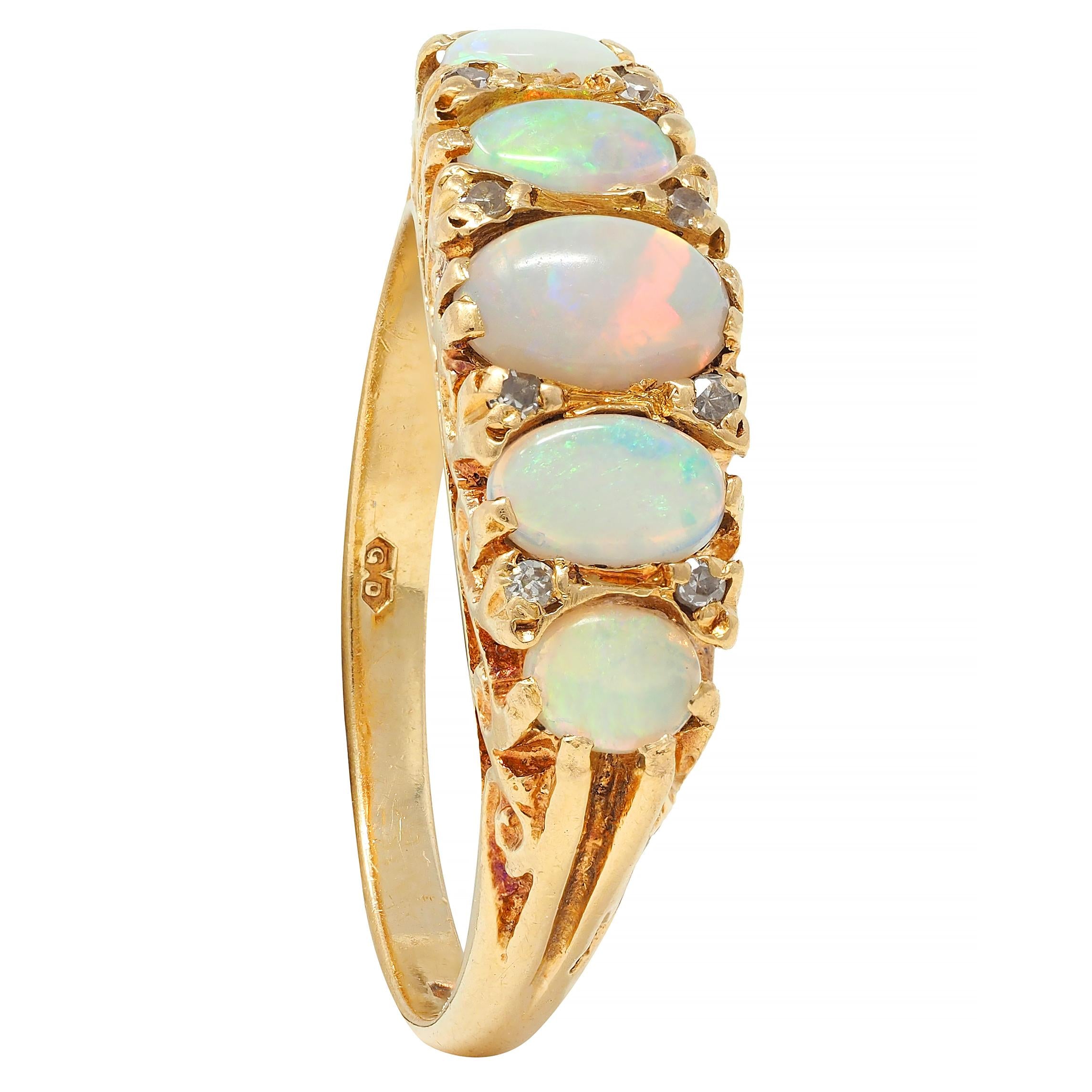 Art Nouveau Opal Diamond 18 Karat Yellow Gold Scrolling Antique Band Ring