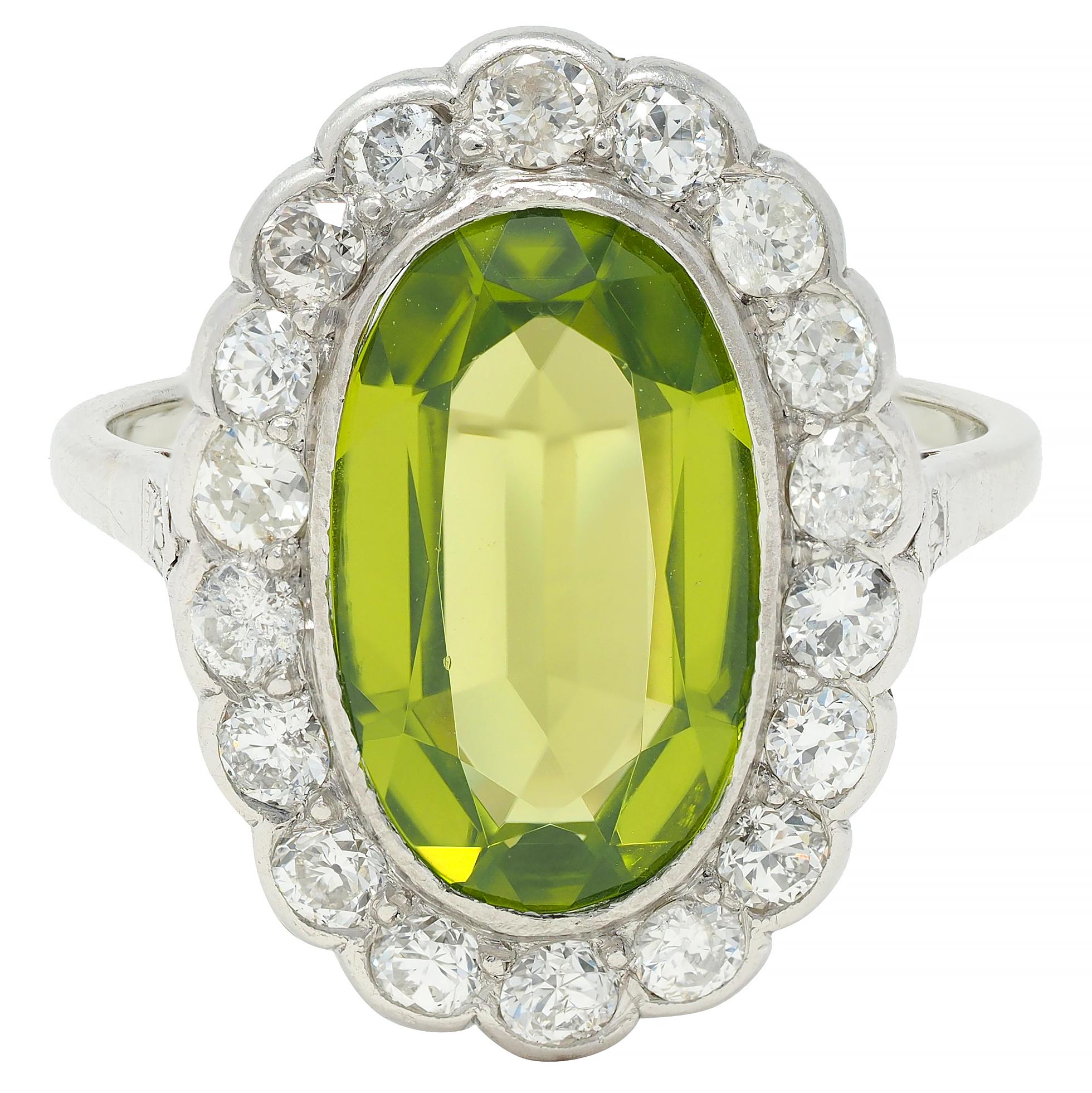 Mid-Century 5.35 CTW Peridot Diamond Platinum 14K White Gold Vintage Halo Ring