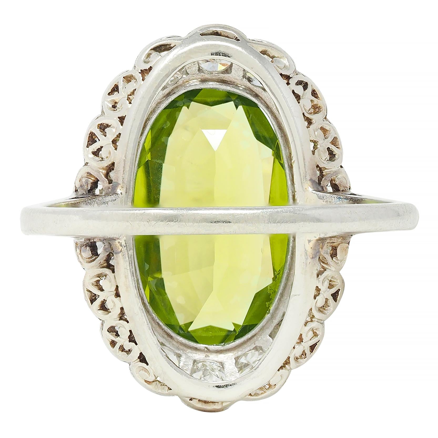 Mid-Century 5.35 CTW Peridot Diamond Platinum 14K White Gold Vintage Halo Ring