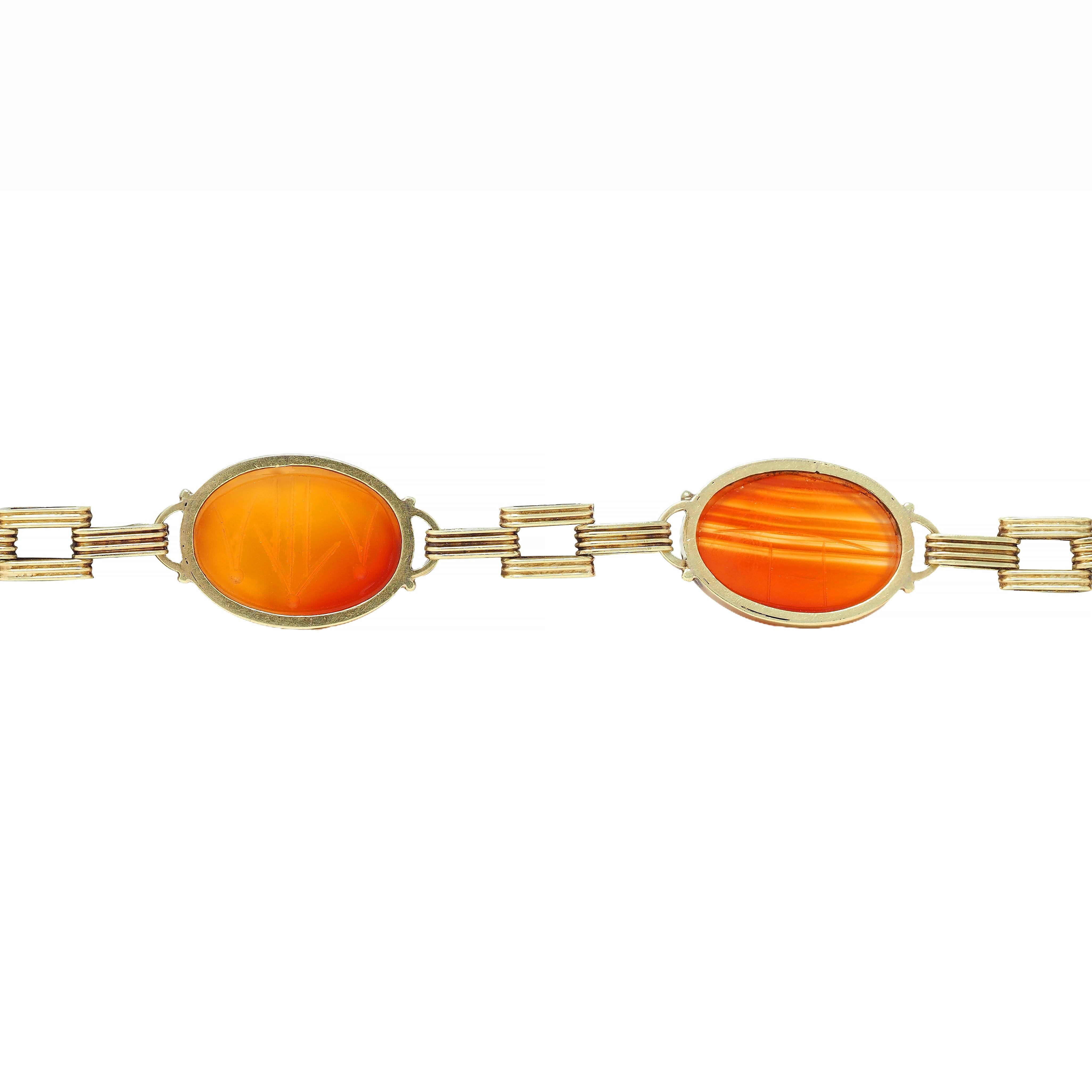 Victorian Egyptian Revival Carnelian 14K Gold Antique Scarab Link Bracelet