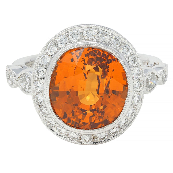 Spark 12.59 CTW Orange Sapphire Diamond 18K White Gold Contemporary Halo Ring