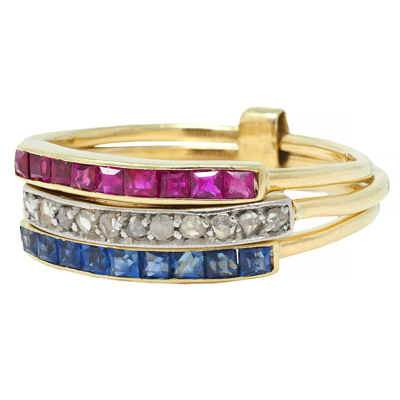 Edwardian Sapphire Ruby Diamond Platinum 18K Gold Antique Harem Flip Ring